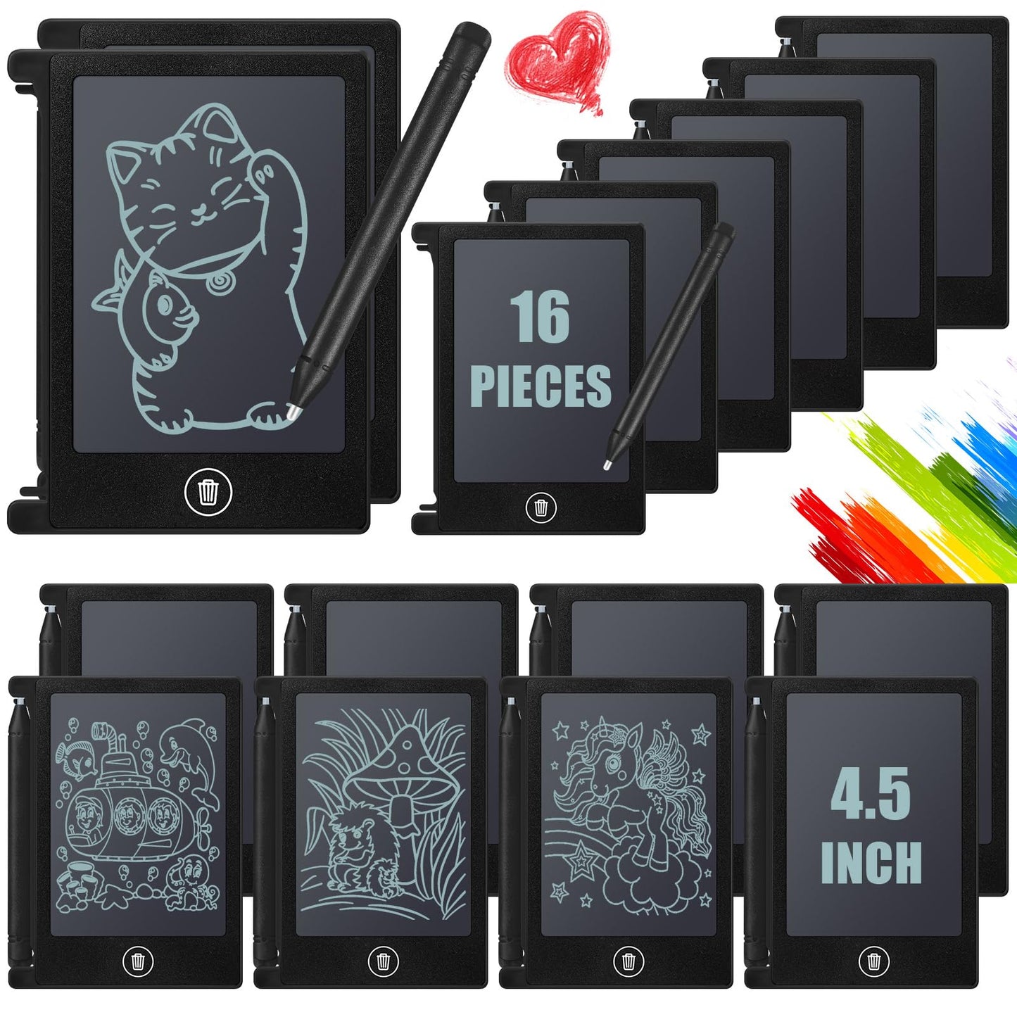 Nezyo 16 Pack 4.5 Inch Mini LCD Writing Tablet for Kids Electronic Doodle Board Bulk Erasable Drawing Tablet Reusable Writing Pad for Girls Boys Party Favor Goodie Bag Classroom Gifts(Black)