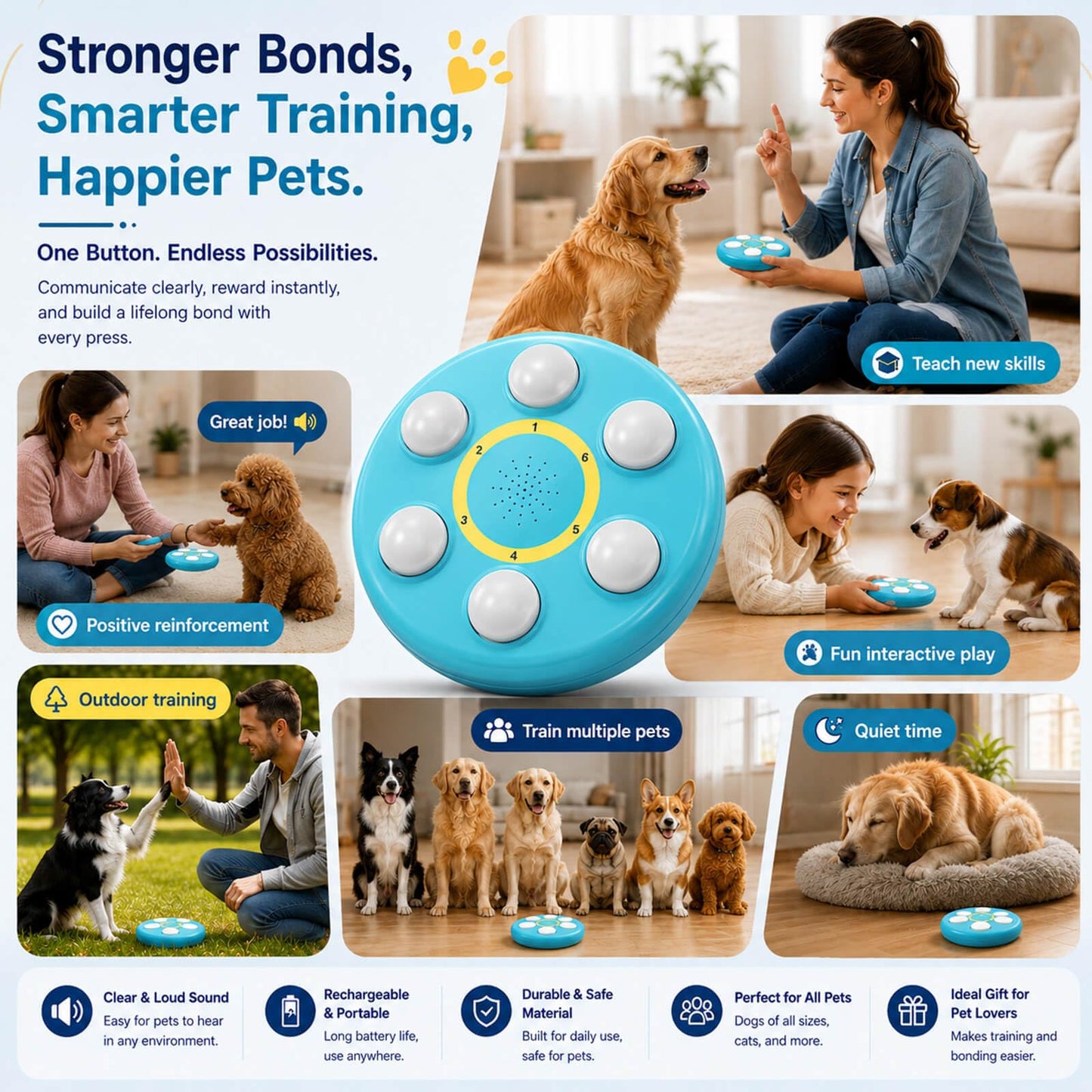 6-in-One Voice Recording Button, Dogs cat Talk& Speaking Buttons for Communication Pet Animal Training Buzzers, Classroom Fluent Answer 30 Second Record & Playback, Funny Gift for Study Office Home
