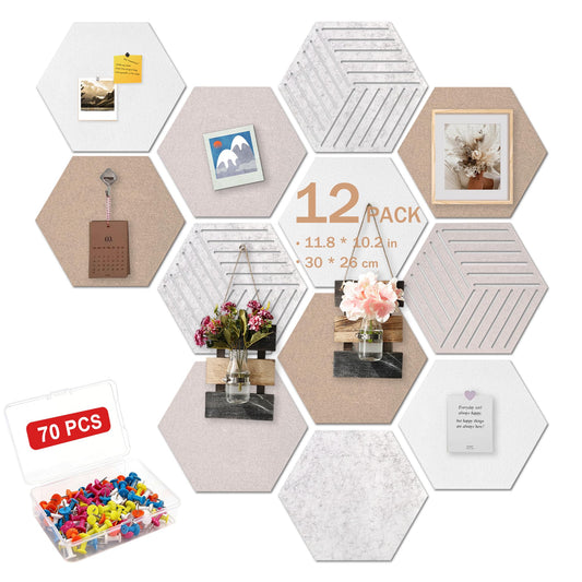 12 Pack Hexagon Felt Bulletin Board, Serene Green & Hexagon Cork Board with 70 Pins, 11.8x10.2 Felt Board,for Home Office Decor Wall Art & Vision Board with Cut-Out Designs