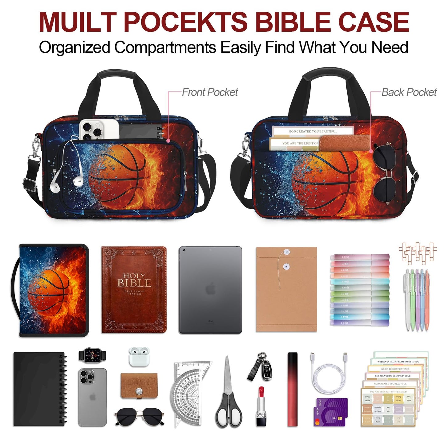 IBOVODI Basketball Bible Cover Case for Boys Kids, Ice Fire Ball Mens Large Bible Bag Book Carrying Case Handle Zipper Pocket, Bible Study Supplies Journaling Kit, Highlighters Tabs Pens Cross Clips