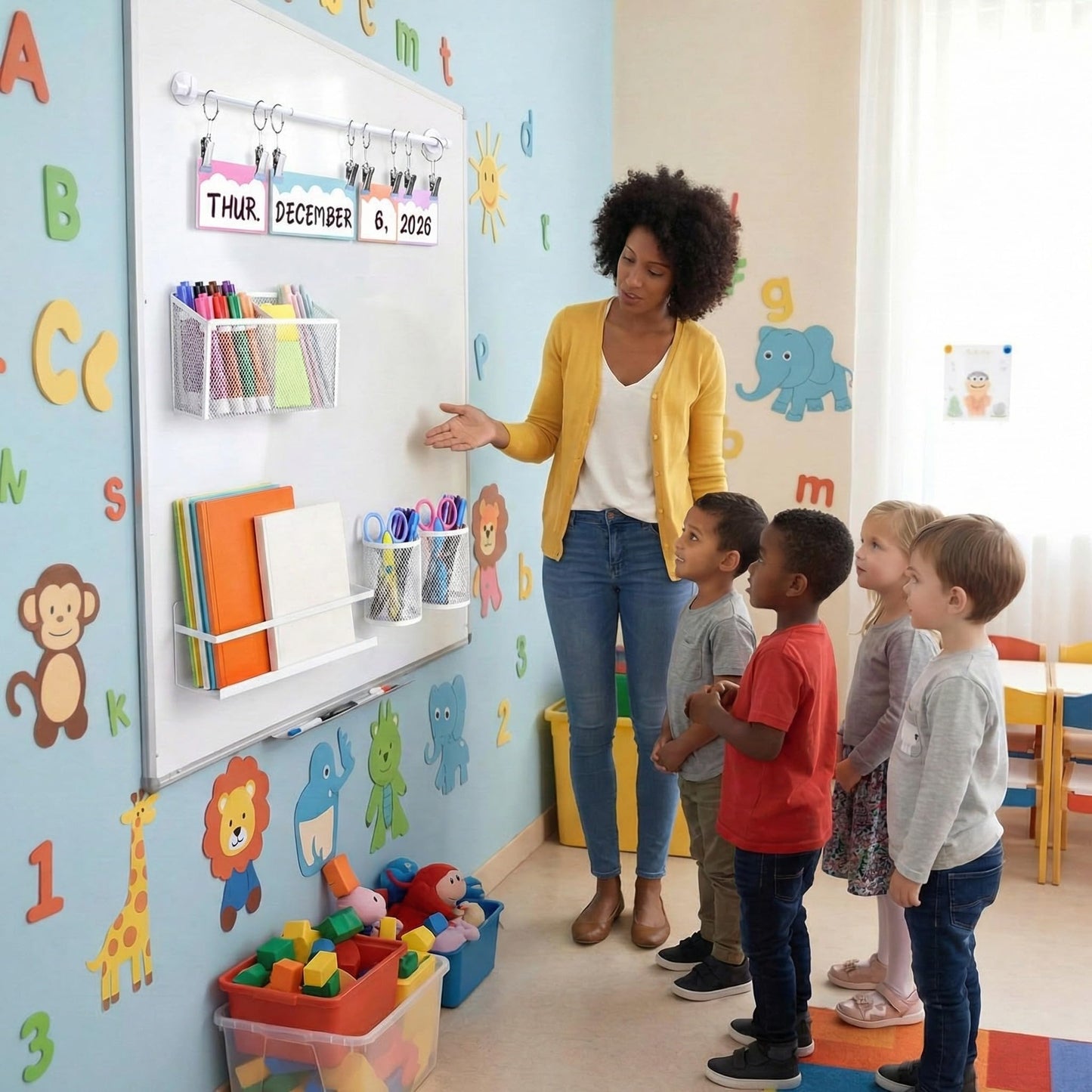 LemonSecret 5 Pcs Classroom Whiteboard White Magnetic Organizer Set with 3 Magnetic Pen Holder Calendar Holder and Book Shelf for Organizer Accessories Office Classroom Back to School Supplies