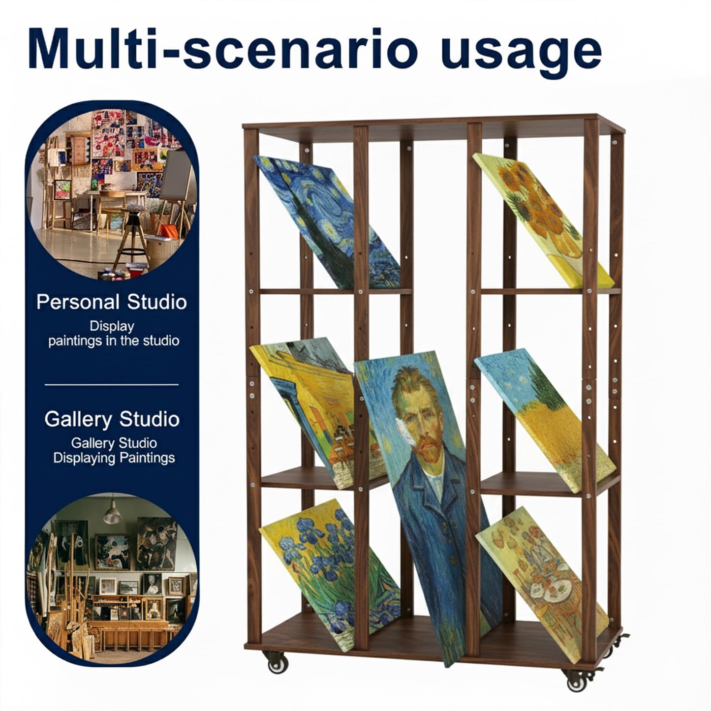 MOOFI Extra-Large Art Storage Rack with Wheels, Adjustable Display Wooden Drying Rack for Canvas, Panels, Prints and Artworks, Multi-Tier Art Organizer for Galleries, Classroom, Studios (Walnut)