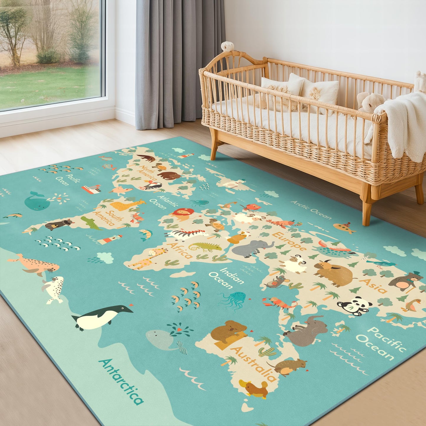 Hazo Haus Washable Large Kids Room Rug with Animal – 6x9 Educational World Map Play Mat for Bedroom – Non-Slip, Stain Resistant, Soft & Safe for Baby, Playroom Essentials - Blue Ocean