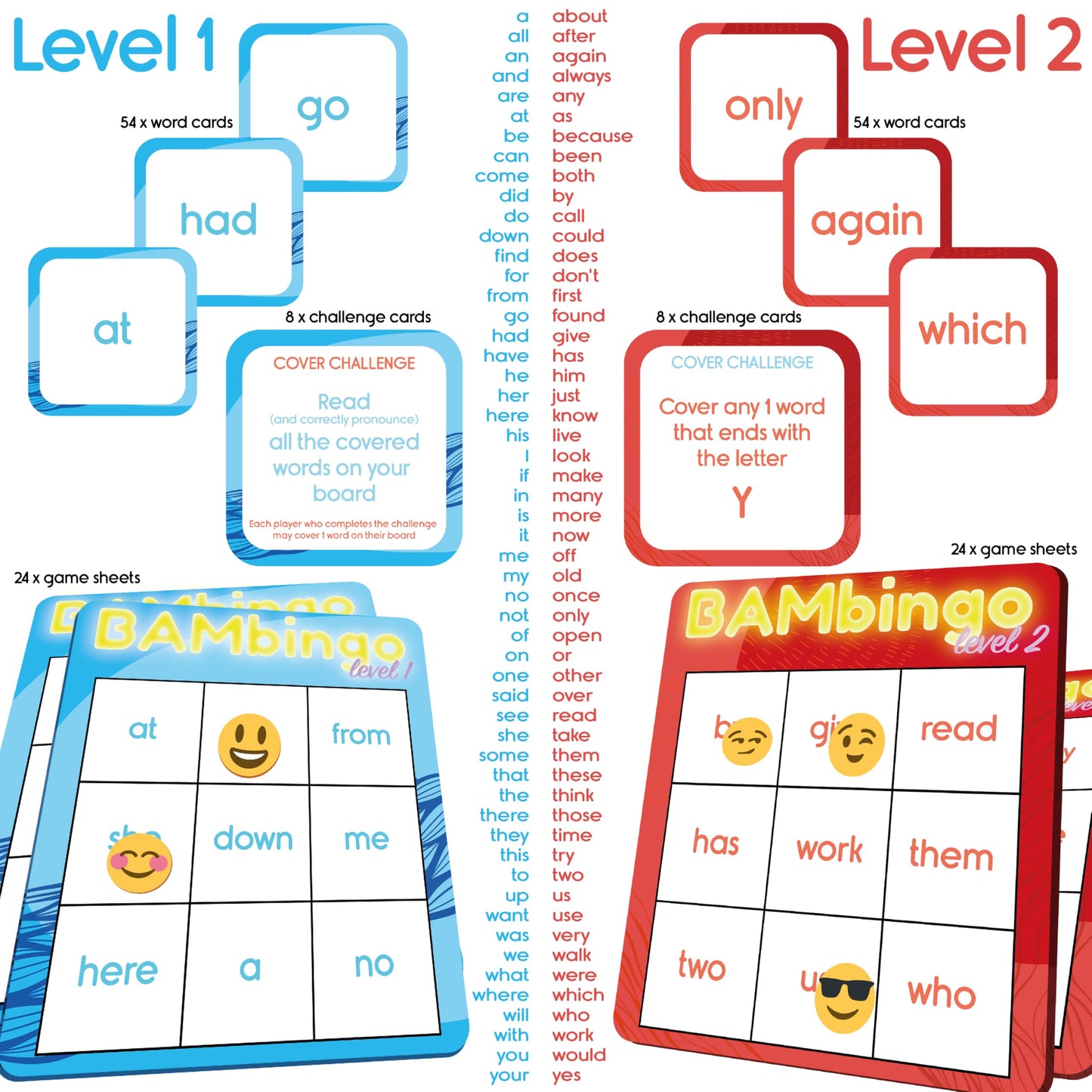 THE BAMBINO TREE Sight Word Bingo Game Level 1 and 2 - Educational Games for Kids - Learn to Read Vocabulary for Kindergarten 1st Grade - Dolch's Fry's Words Lists