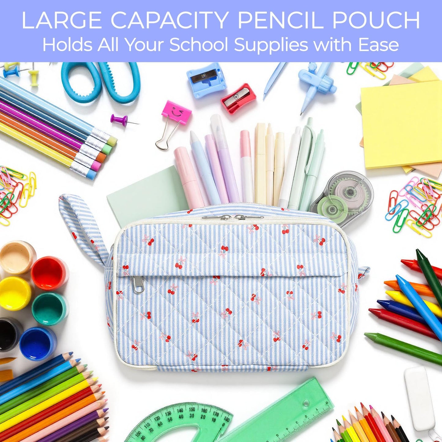WOBAGMEN Quilted Pencil Pouch for Girls Women, Large Pencil Case Pouch with Compartments Cute Aesthetic Pencil Case Organizer, Floral Pencil Bag for School Supplies (Striped Cherry)