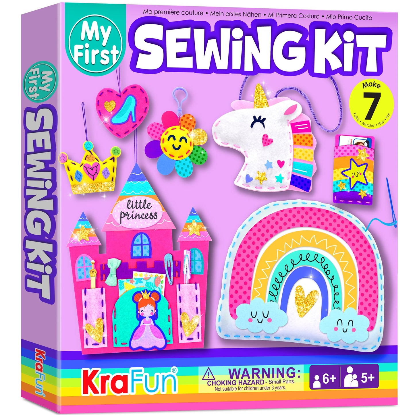 KRAFUN My First Sewing Kit for Kids Ages 5-8 - Princess & Unicorn Crafts for Girls - Make 7 DIY Felt Plush Toys with Pre-Punched Holes & Safe Plastic Needles - Educational Beginner Craft Set