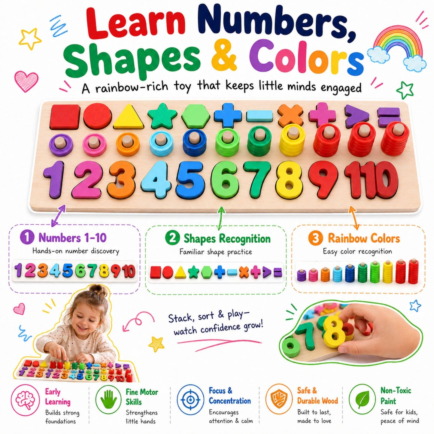GeroCrew Wooden Montessori Toys for Kids Toddler Number Puzzles Sorter Counting Shape Stacker Stacking Game Preschool Toys for Boy Girl Learning Education Math Blocks Year Old Girl Gifts (Rainbow)