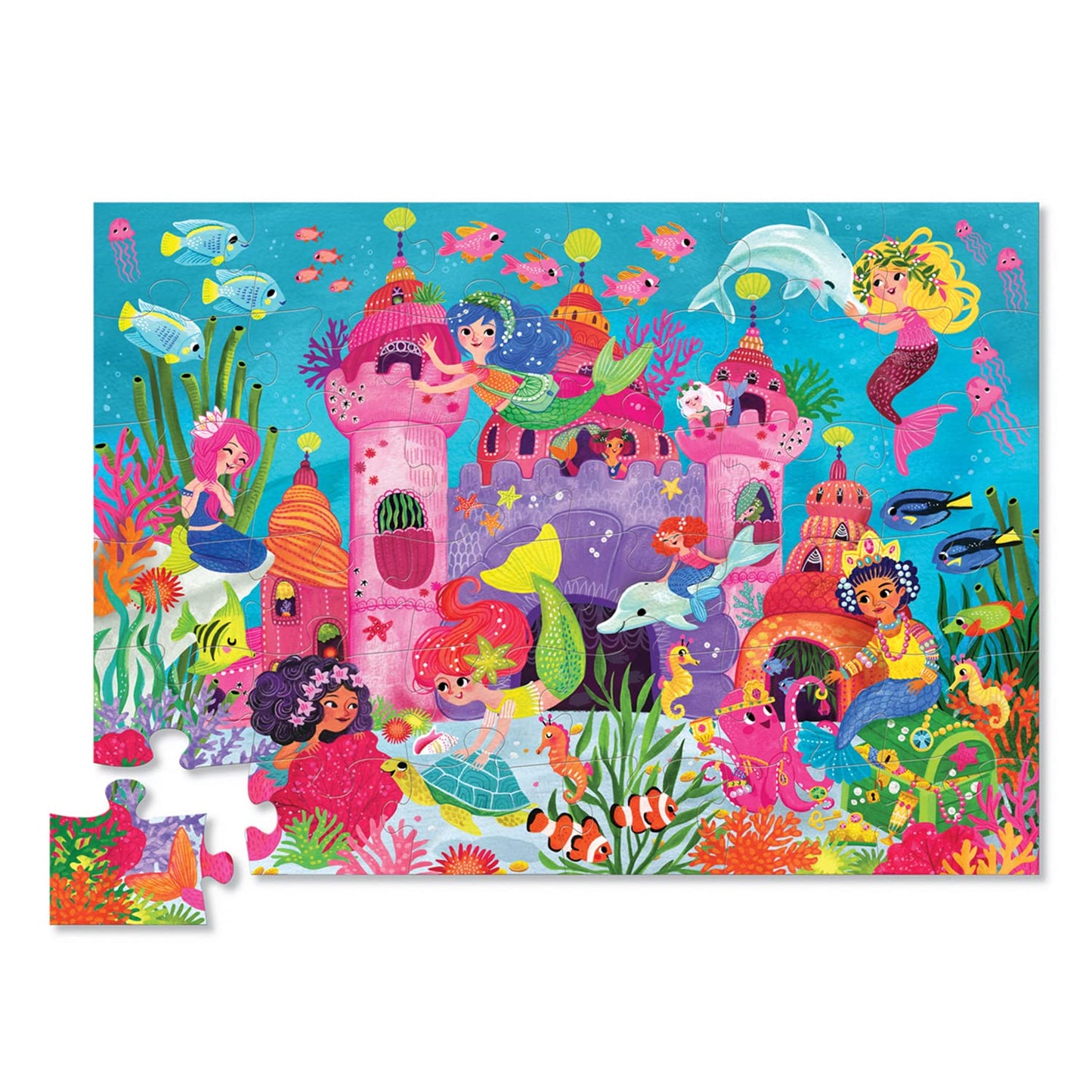 Crocodile Creek 36-Piece Jigsaw Floor Puzzle - Fun Floor Puzzles for Kids Ages 3-5 - Heavy-Duty Shaped Box for Storage - Mermaid Palace - 27" W x 20" H Finished