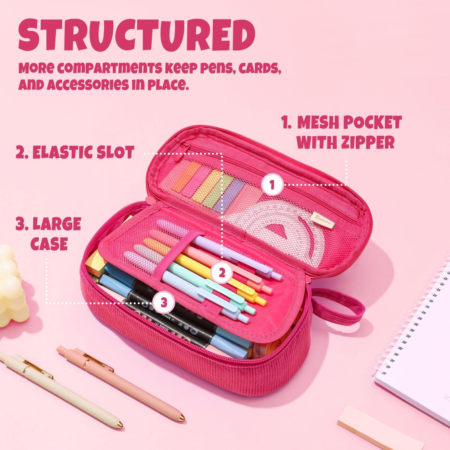 SUNEE Cute Pencil Case, Large Capacity Pencil Pouch, Soft Corduroy Pencil Bag, Big Storage Pen Organizer for Stationery, Aesthetic Pencil Box, Back to School Supplies for Teen Girls Boys, Berry Pink