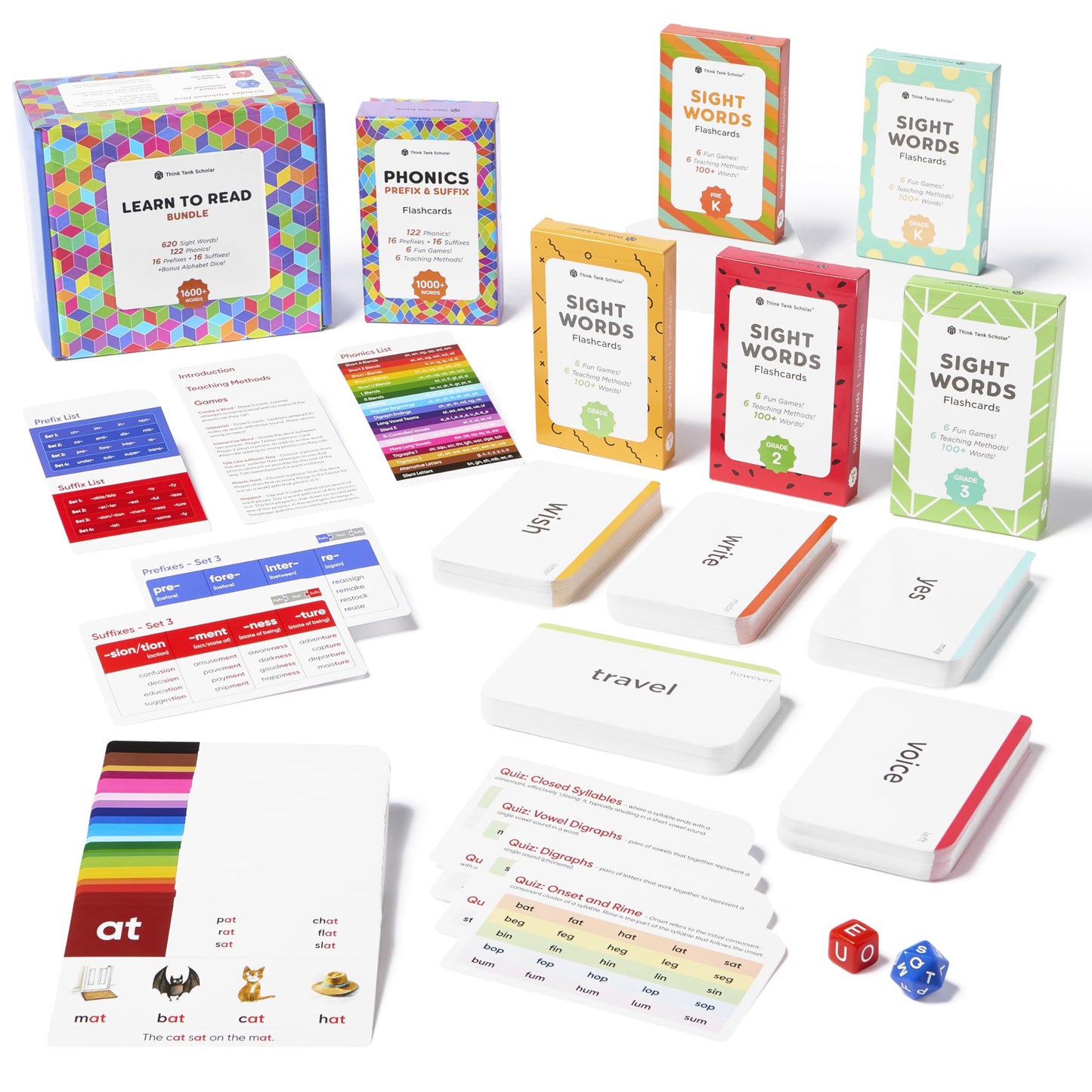 Award-Winning Learn to Read Flash Card Bundle – 1600+ Words: Sight Words, Phonics, Prefixes & Suffixes – 36 Games, 36 Tips, 2 Dice – Pre-K to 3rd Grade