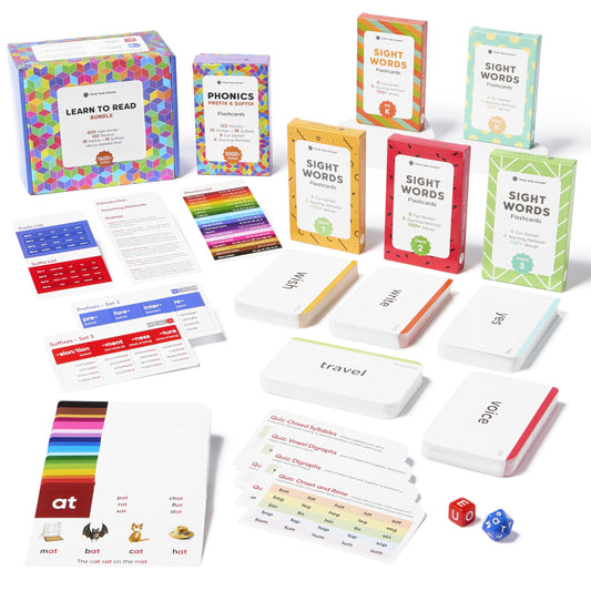 Award-Winning Learn to Read Flash Card Bundle – 1600+ Words: Sight Words, Phonics, Prefixes & Suffixes – 36 Games, 36 Tips, 2 Dice – Pre-K to 3rd Grade