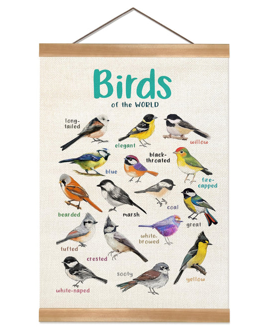 ZTGDA Birds Vintage Wall Art – Hanging Poster with Solid Wood Frame, Linen Canvas Bird Illustration Poster, Birds Wall Decor for Living Room Playroom Classroom, Birds Lovers Gift12x16inch (Tits)