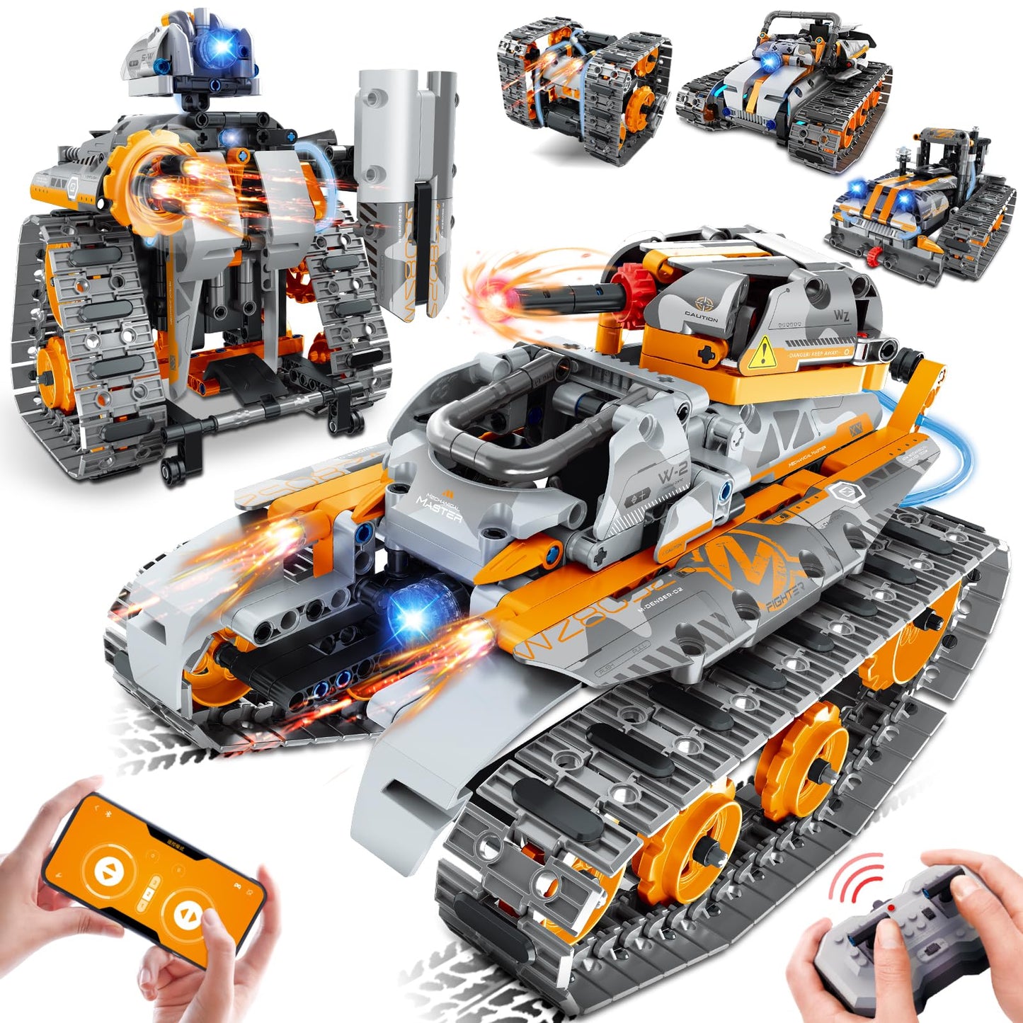 MOJINO 5 in 1 STEM Building Set with LED Light, APP & Remote Controlled Cars Building Toys Kit, RC Robot Tank Sleigh Tracked Racer 554 PCS, Toy Gifts for Kids Boys Girls Ages 6 7 8 9 10 11 12+ Year