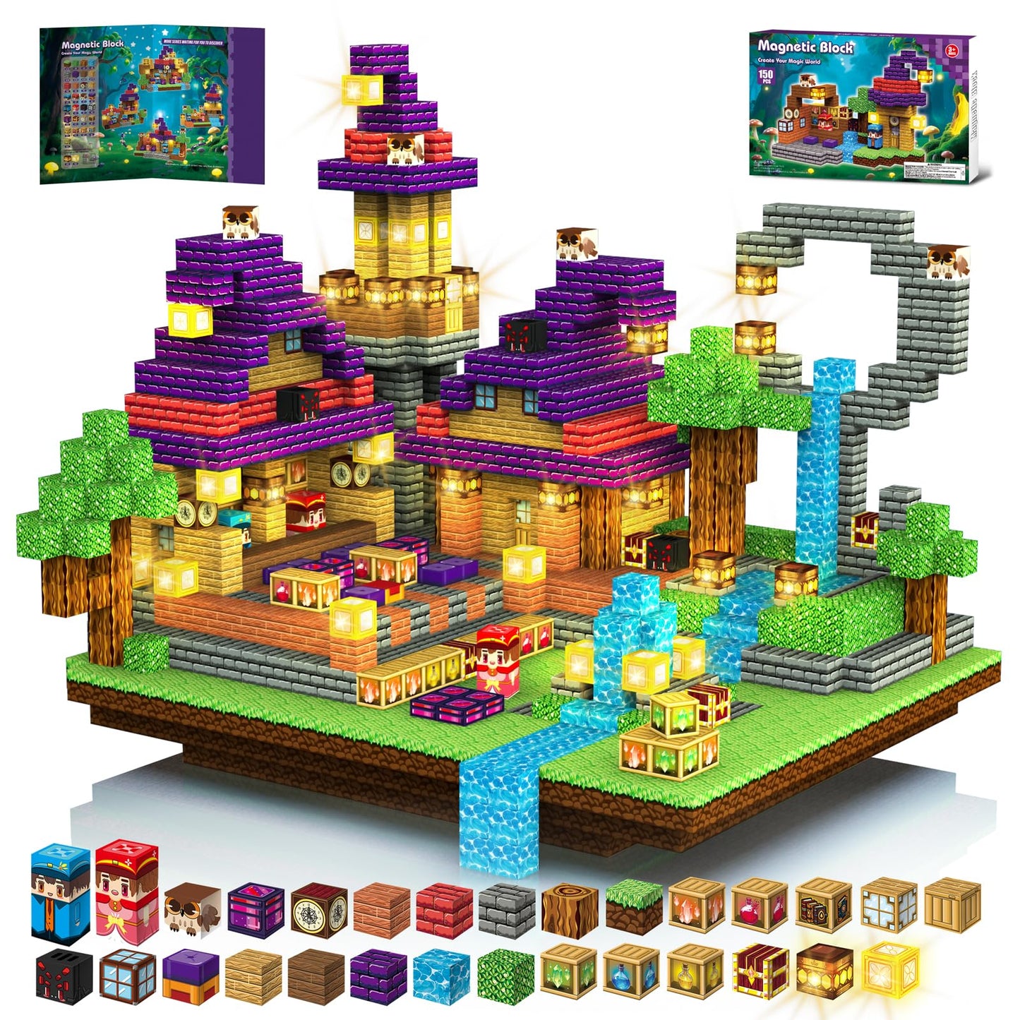 Gryxpox 150pcs Magnetic Blocks - Magnetic School Castle Set with Light Up Blocks - Kids Classroom Sensory Toy for Toddlers STEM, Construction Stacking Toy Kids 3+ Boys Girls Christmas Birthday Gifts