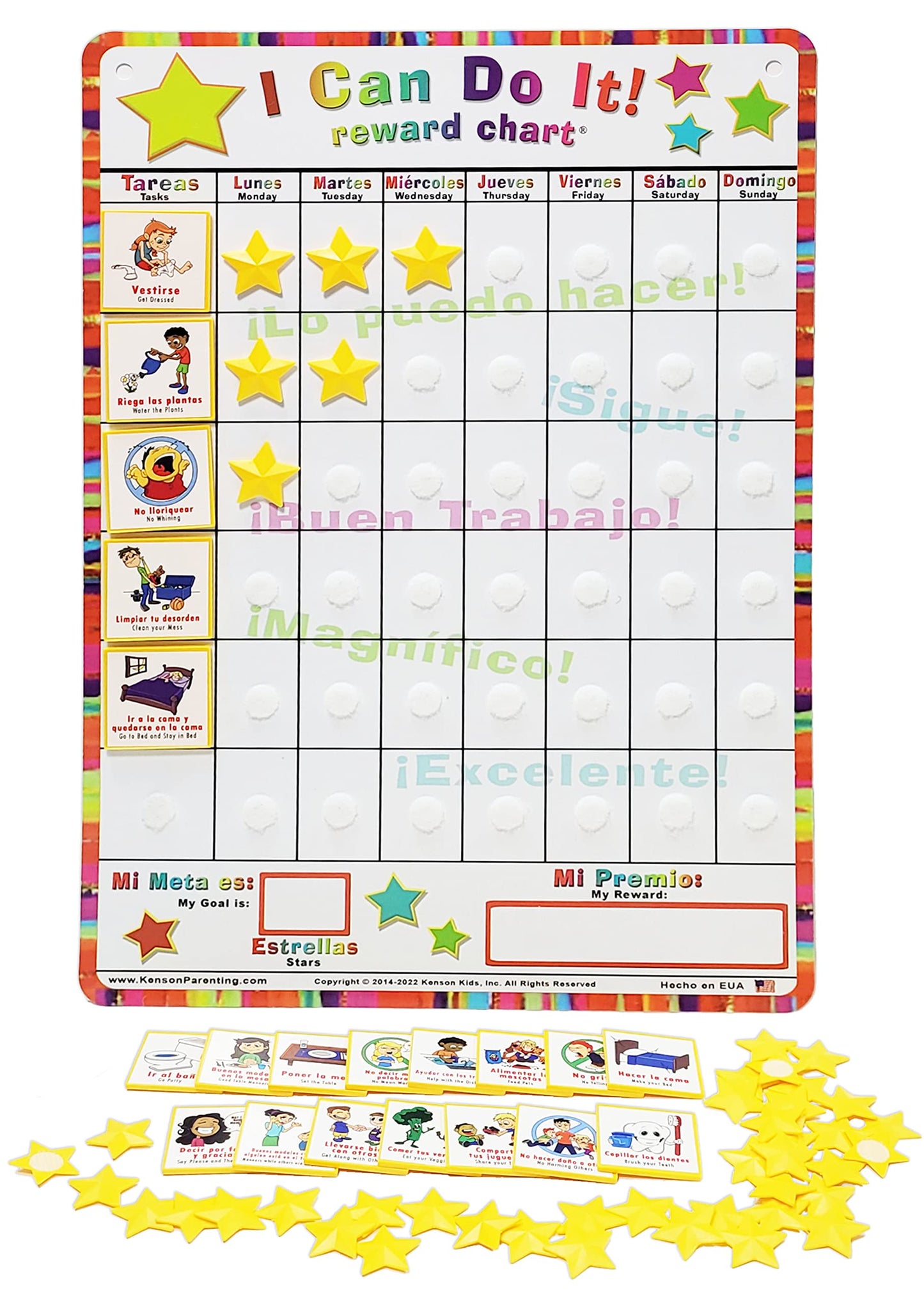 Kenson Kids Spanish English “I Can Do It” Reward and Responsibility Chart, 11 X 15.5-Inch, Daily Routine Incentive Star Chart- Visual Weekly Magnetic Chore, Behavior, and Organizational Star Chart