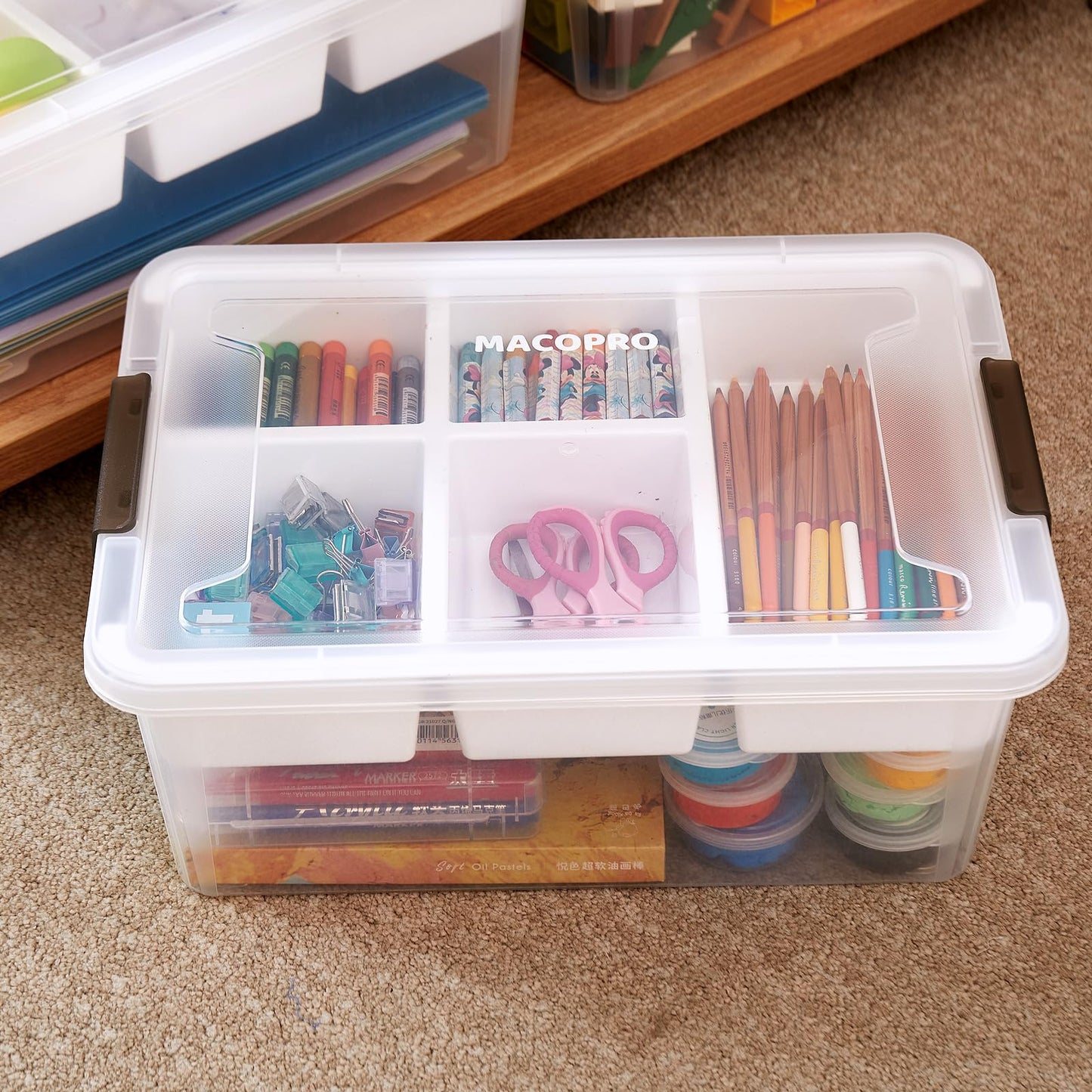 MACOPRO 17 QT Plastic Storage Box with Removable Tray, Bins with Lids, Clear Storage Container for Craft Organization, Beads, Tools, Sewing, and Playdoh, Art Supply Organizer (White, 1Pack-17QT)