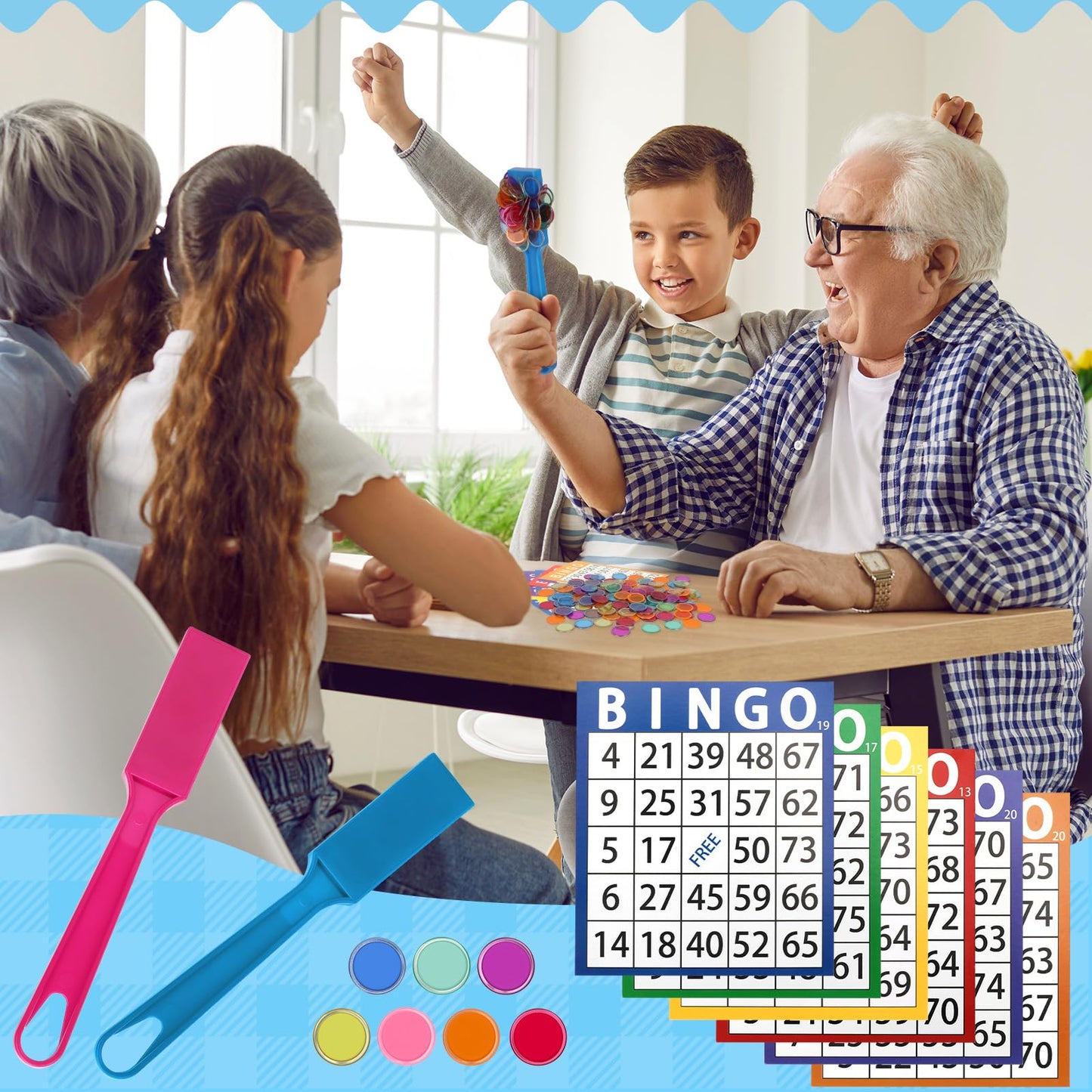 Coopay Magnetic Bingo Wand Chip and Game Card Set - 2 Pack Magnetic Wands, 200 Colorful Metal Chips, 48 Bingo Paper Cards for Kids Classroom Science Learning Counting Family Game Night Educational