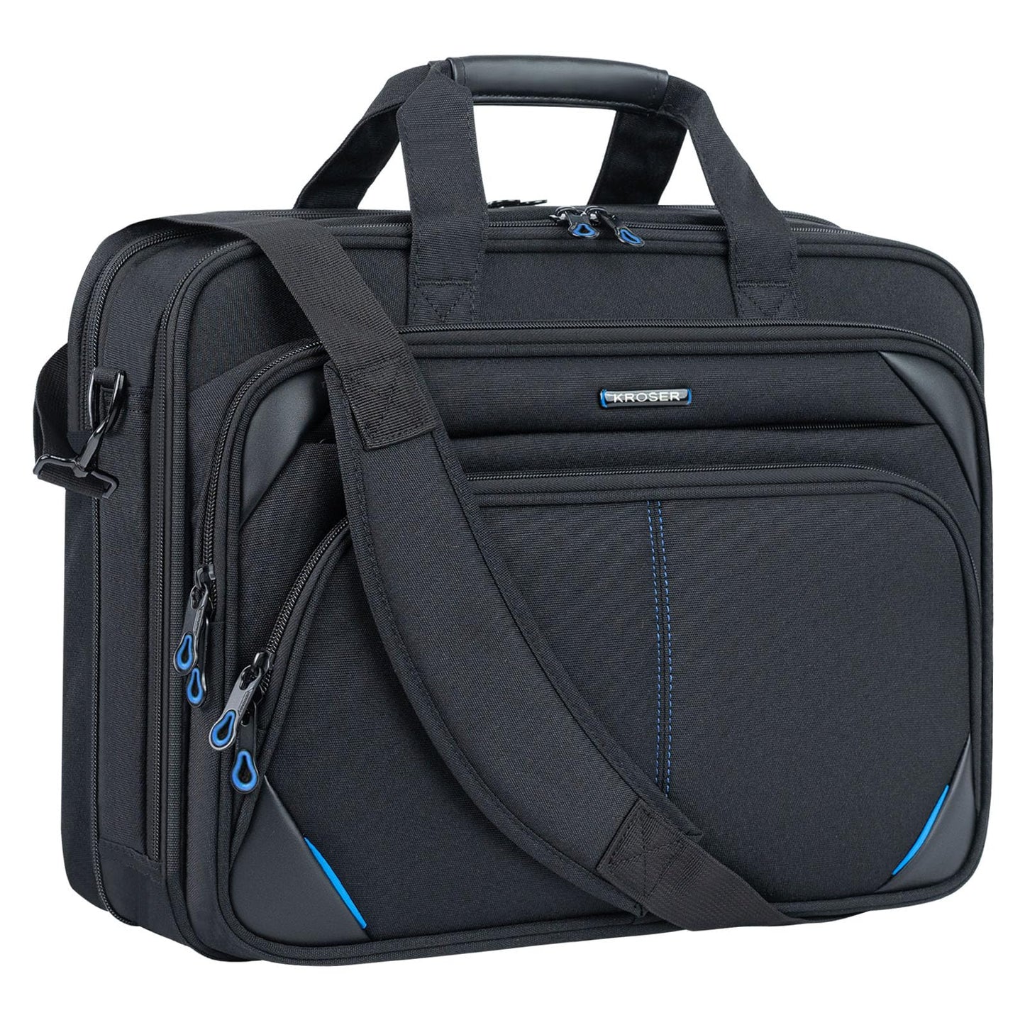 KROSER Laptop Bag 15.6 Inch Briefcase Messenger Bag Water Repellent Computer Case Shoulder Bag Durable Tablet Sleeve for Business/College/Women/Men - Black/Blue