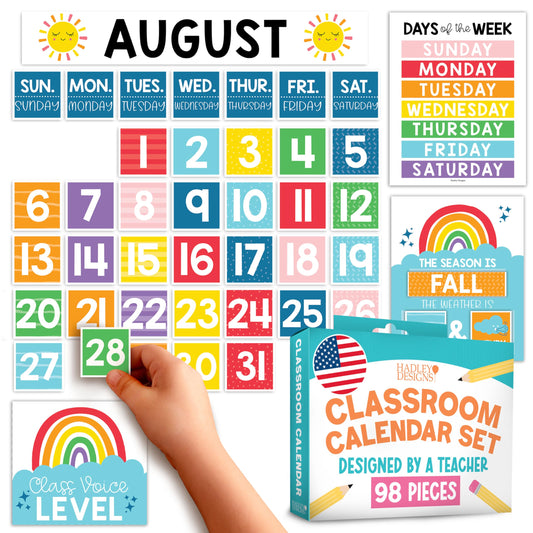 Hadley Designs Classroom Calendar Set Bulletin Board Decorations - Colorful School Calendar for Classroom Decor, Kindergarten Preschool Elementary Teacher Must Haves, Homeschool & Daycare Essentials