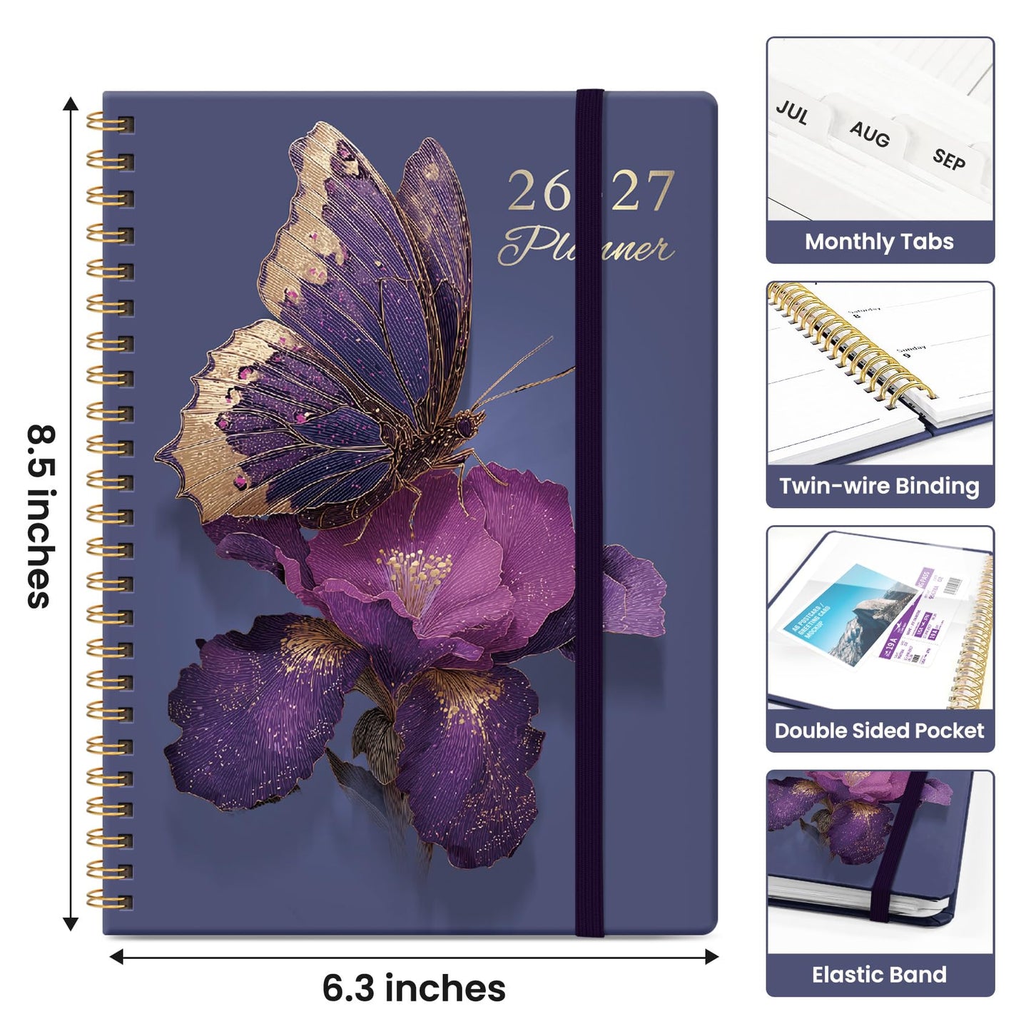 Planner 2026-2027, Academic Year Weekly and Monthly Calender Planner, from Jul 2026 - Jun 2027, Spiral Bound School Planning Book, Perfect for Teacher, Student, Women & Men, A5 (6.3" x 8.5"), Royal Flutter