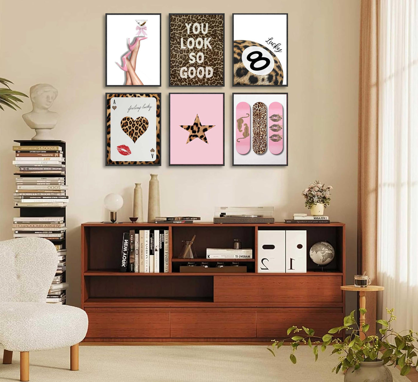6Pcs Trendy Leopard Wall Art Funky Lucky 8 Ball Posters Prints Stylish Cheetah Room Canvas Wall Decor Preppy Aesthetic Ace Card Paintings Pictures for Girls Bedroom Apartment Dorm Unframed