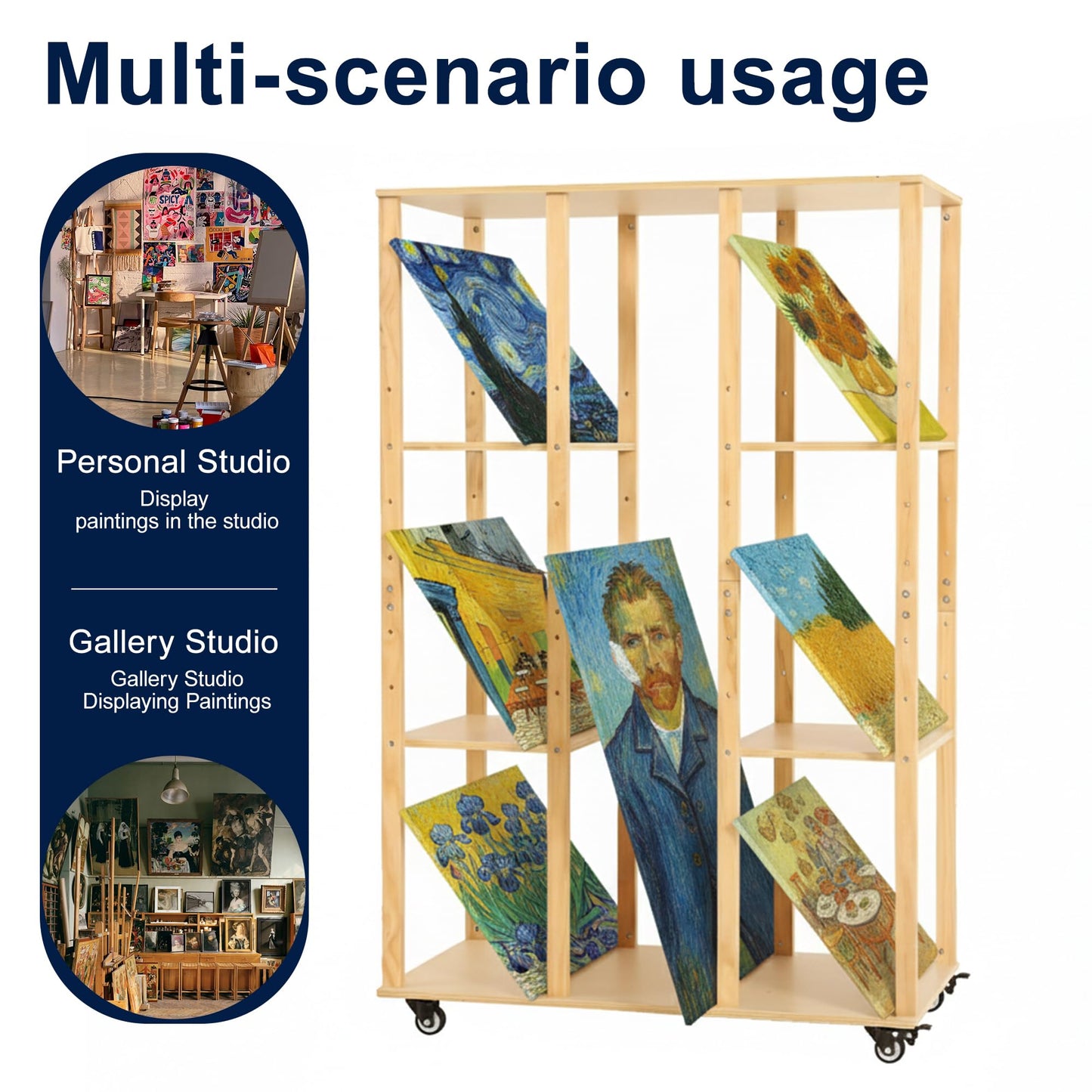 MOOFI Extra-Large Art Storage Rack with Wheels, Adjustable Display Wooden Drying Rack for Canvas, Panels, Prints and Artworks, Multi-Tier Art Organizer for Galleries, Classroom, Studios (Natural)