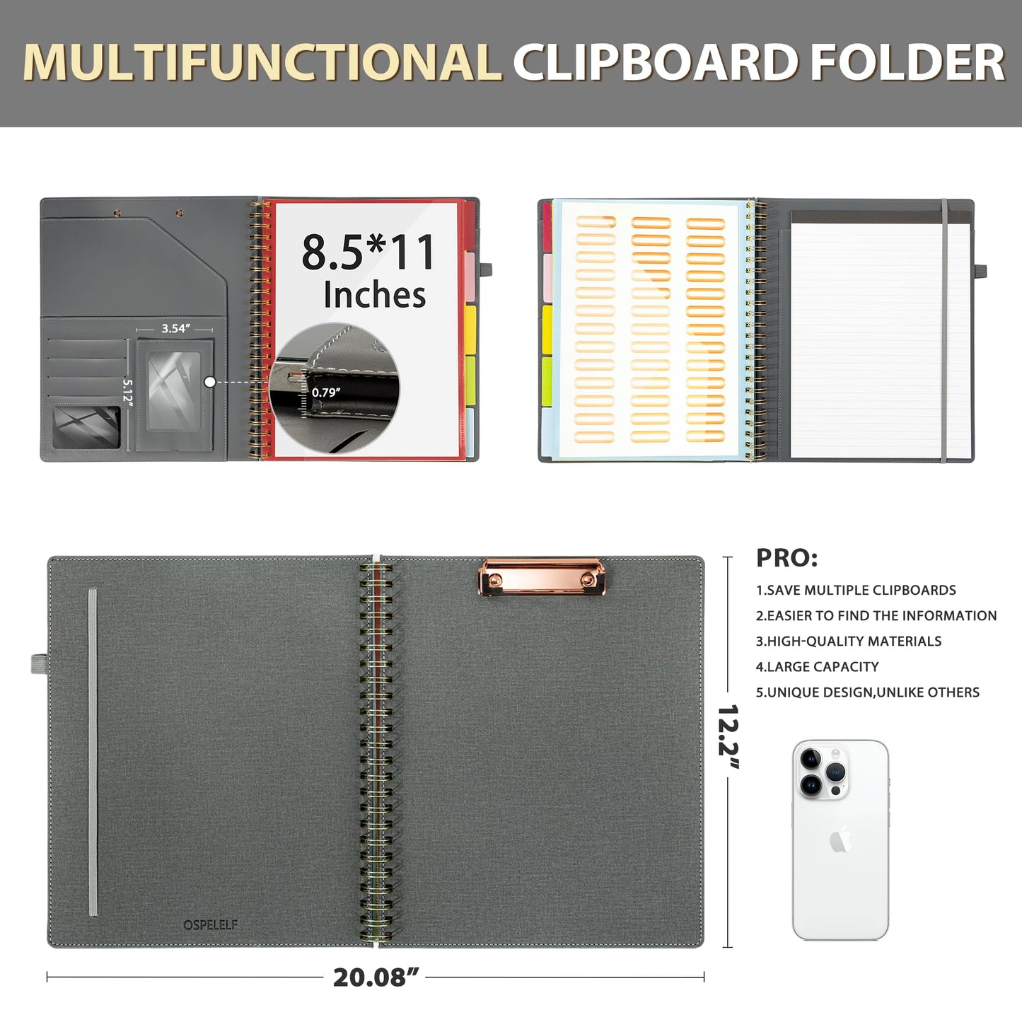 Ospelelf Clipboard with Storage for Men Women, Leather Padfolio Portfolio Organizer 5 Folders with 10 Pockets, Spiral Clipboard Folio with Notepad for Letter Size, Elastic Closure and Pen Loop Grey