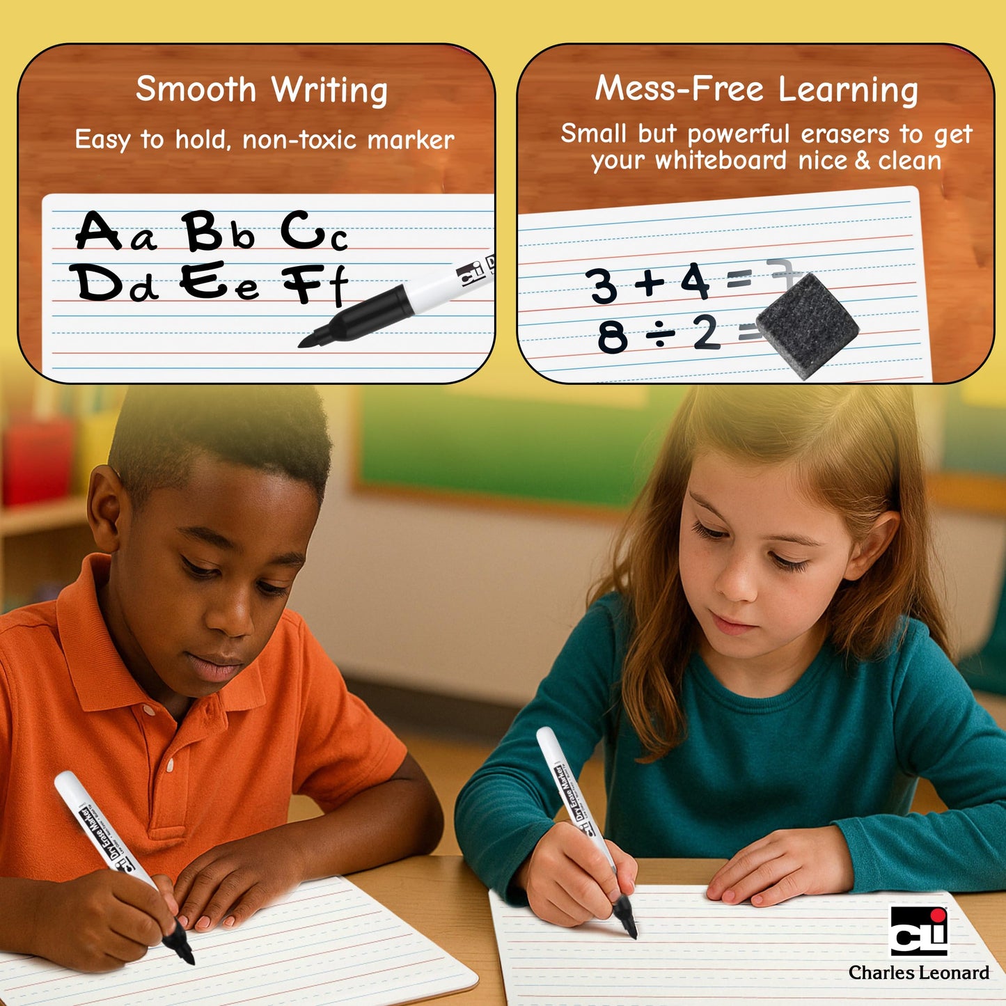 Charles Leonard Dry Erase Board Classroom Pack - Mini Lapboard School Supplies - Includes 12 Each One-Sided Lined Erasable White Boards, 2 Inch Felt Erasers and Black Dry Erase Markers (35025)