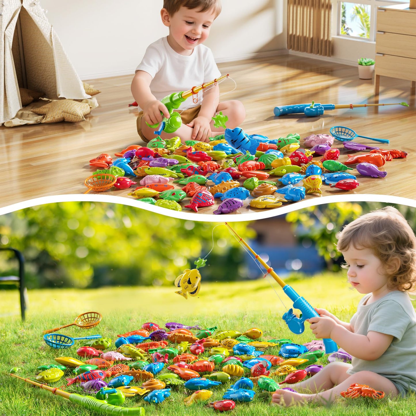 PEADUCK Magnetic Fishing Toys Game Pool Toys Set for Kids 3-5, Water Table Bathtub Toys with Pole Rod Net Plastic Floating Fish, Outdoor Toys for Kids Boys Girls Age 3 4 5 6 7 8 Year Old