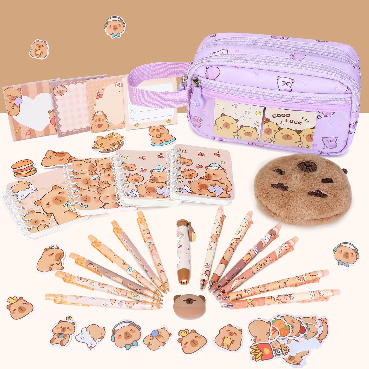 Similove Capybara Theme Backpack for School Girls, 35PCS Kids Backpack Set with School Supplies Stationery Kit Lunch Box Pencil Case, Cute Girls Bookbag for Kindergarten Elementary Student