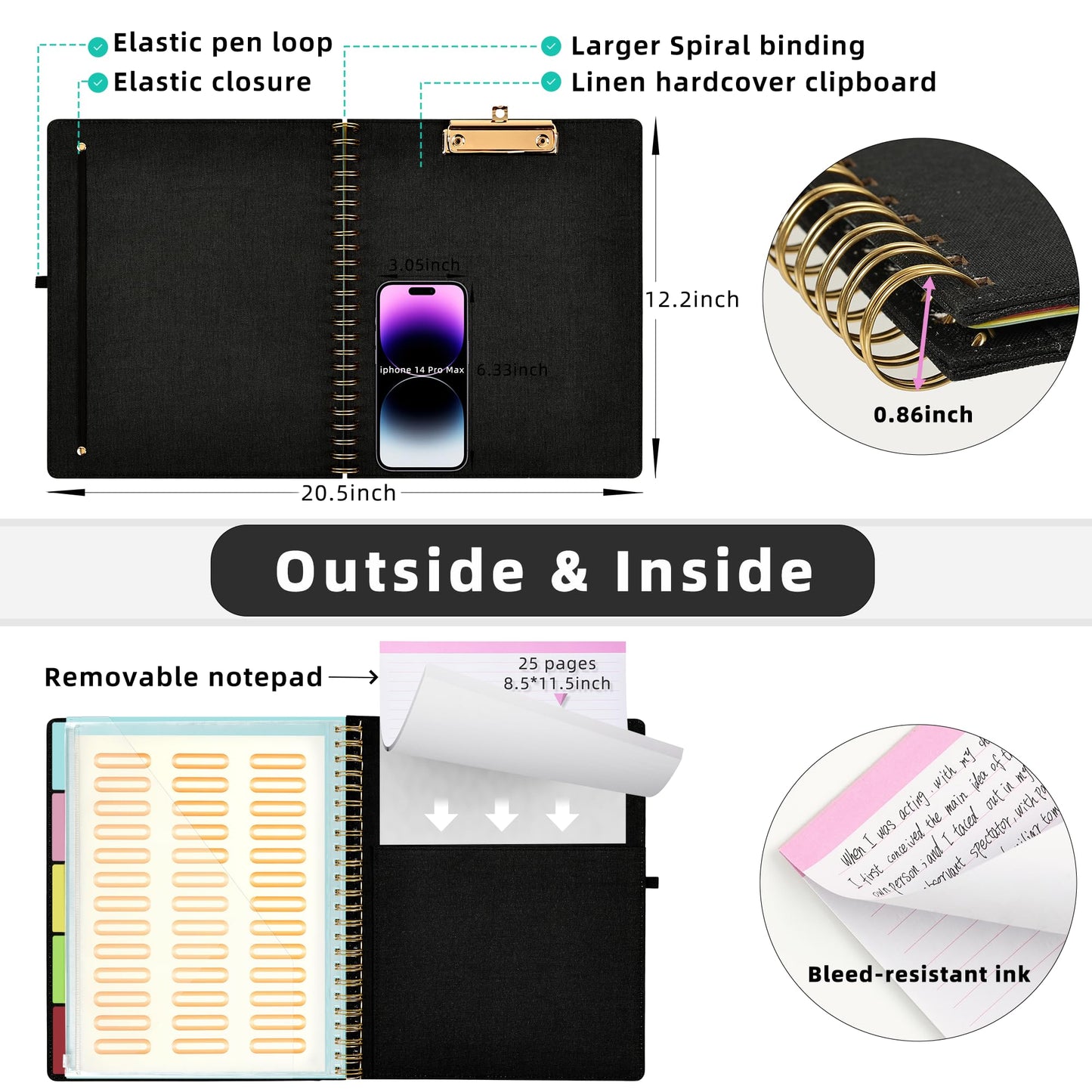 Ospelelf Black Foldable Spiral Clipboard Folio with Storage Zipper Pouch, 5 Plastic Folders with 10 Pockets,Refillable Lined Notepad (11" x 8.5"), Hardcover Project Organizer with 39 Stickers