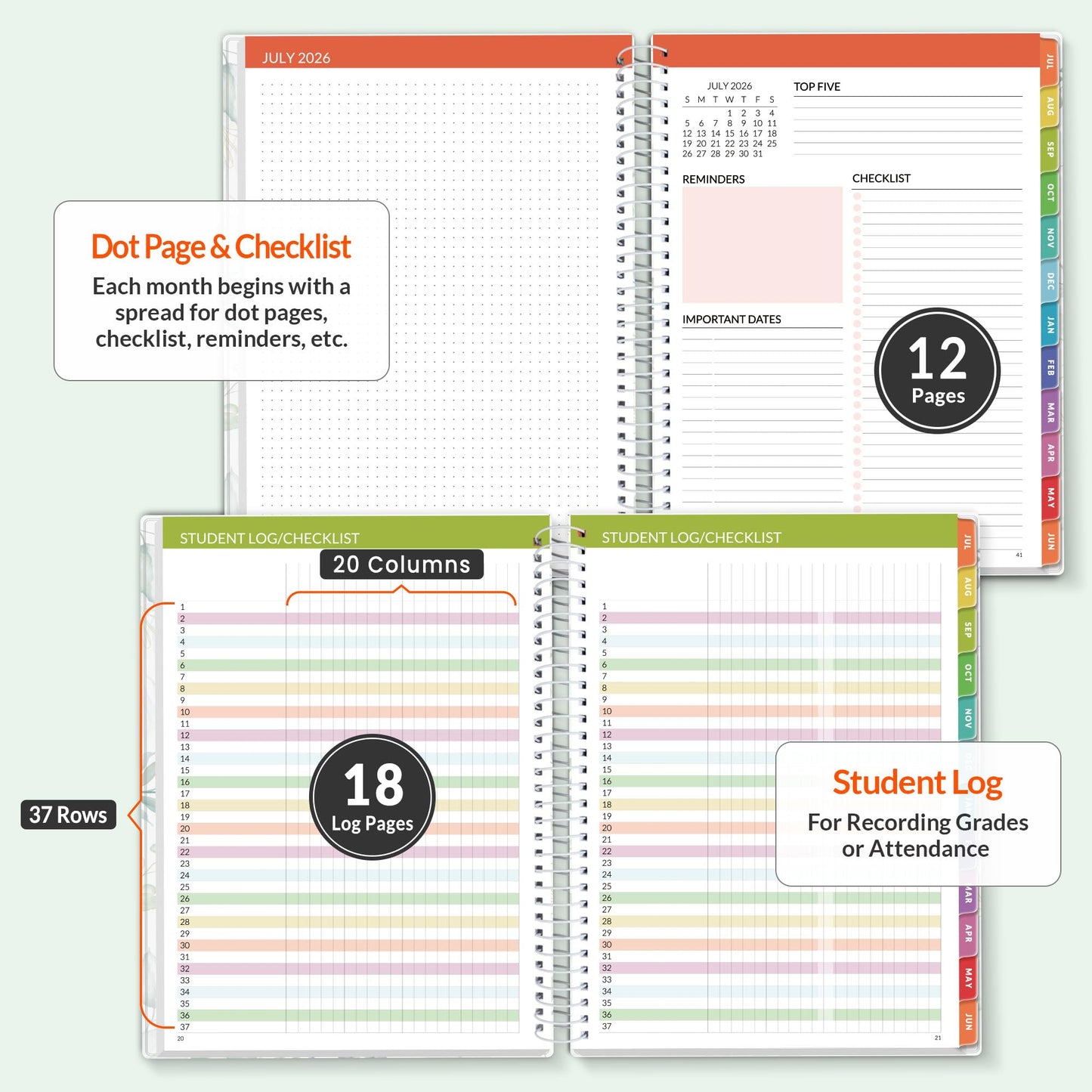 SUNEE Deluxe Teacher Planner 2026-2027, Lesson Planner Book with 7 Periods Jul 2026 - Jun 2027, 8.5" x 11" Weekly and Monthly Organizers with Colorful Tabs, Planning Stickers,120gms Paper, Full Leaf