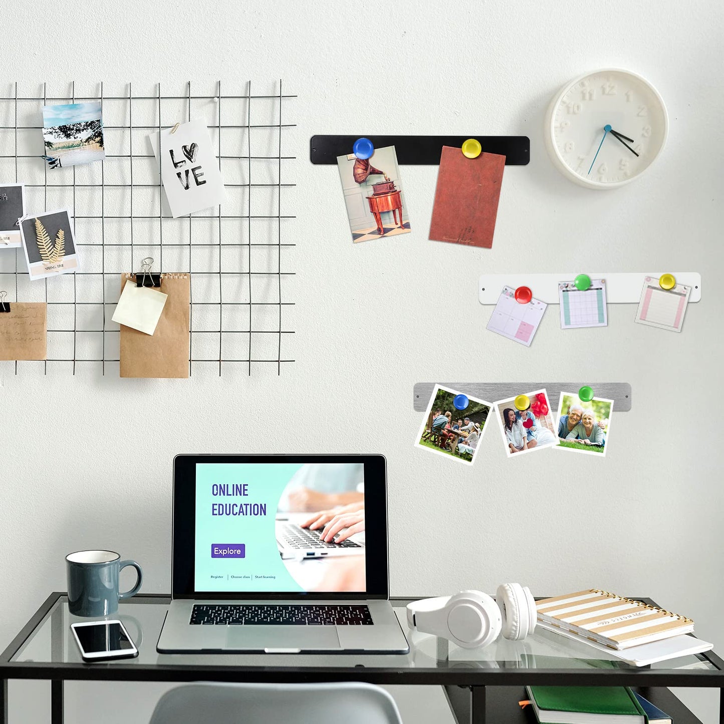 Outus 6 Pcs 15" x 2" Magnetic Wall Strips, Magnetic Bulletin Board Strip Set with 48 Pcs Colorful Magnets, Metal Display Board for Office Home Notes Photos(Silver, Black, White)