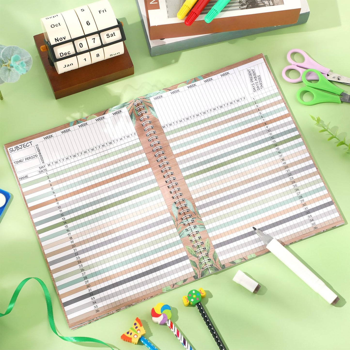 Fuyoooo Teacher Record Book Teacher Grade Books 2026-2027 Spiral Bound Record Planner 2026 Class Grade Book Office Favors for Classroom Attendance Decoration Double Sided(Boho Plant)