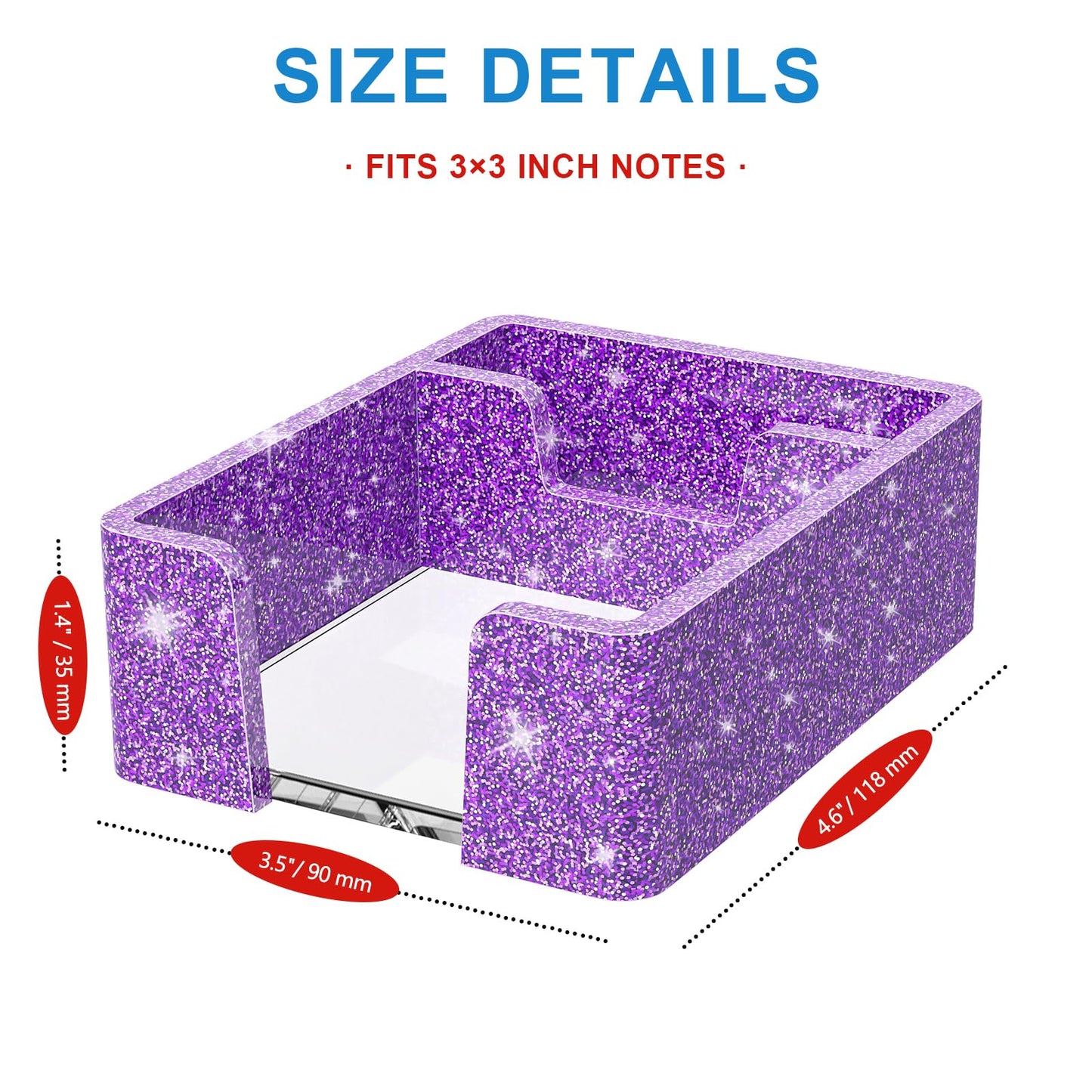 WINFFOR Acrylic Notepad Holder Dispenser - 3x3 in 2IN1 Sticky Note Memo Holder for Desk Organizer (W/O Pads) Office Desk Accessories School Supplies, Glitter Purple