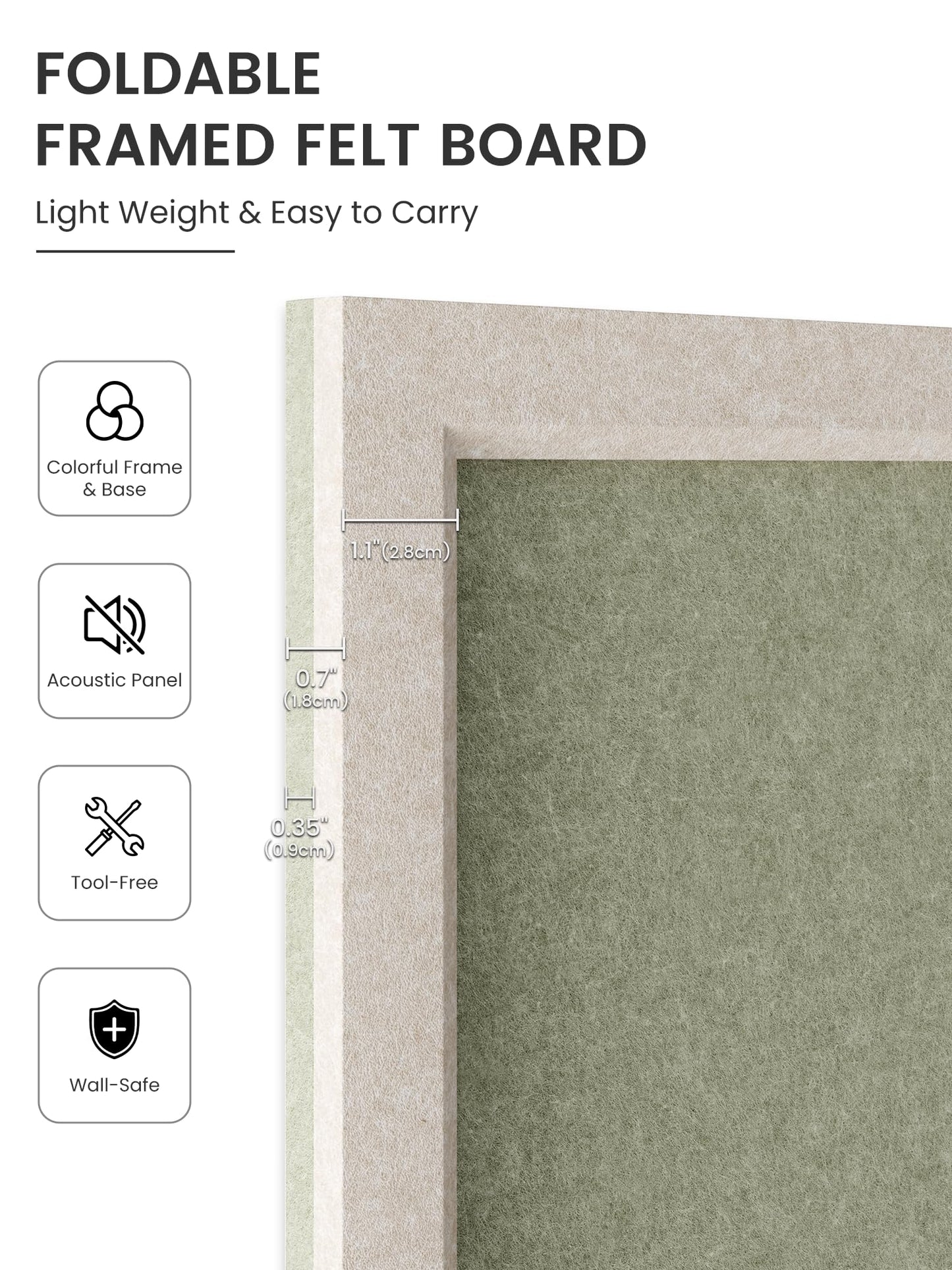 Fluxynara Foldable Cork Board Alternative, Felt Bulletin Board 35.4" x 23.6" Oatmeal Frame with 24 Adhesive Tabs, Pin Board for Home Office, Classroom, Entryway, Kitchen Wall Decor—Sage