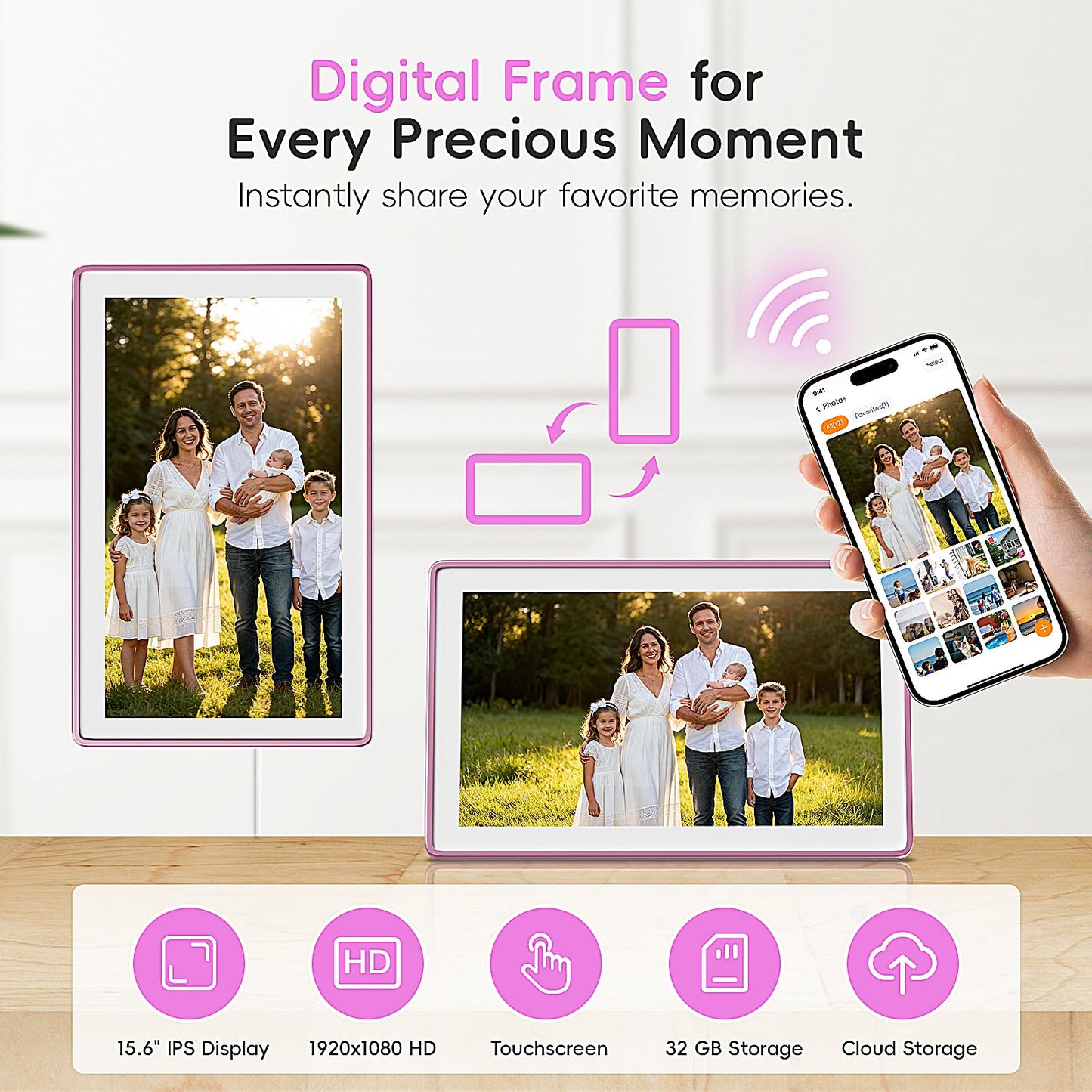 Westsee 15.6" Digital Calendar, No Subscription Smart Family Planner, Interactive Touchscreen Electronic Wall Calendar, Photo Display, Meals, Chore Chart & Tasks, Wall & Desk Mountable (Pink)