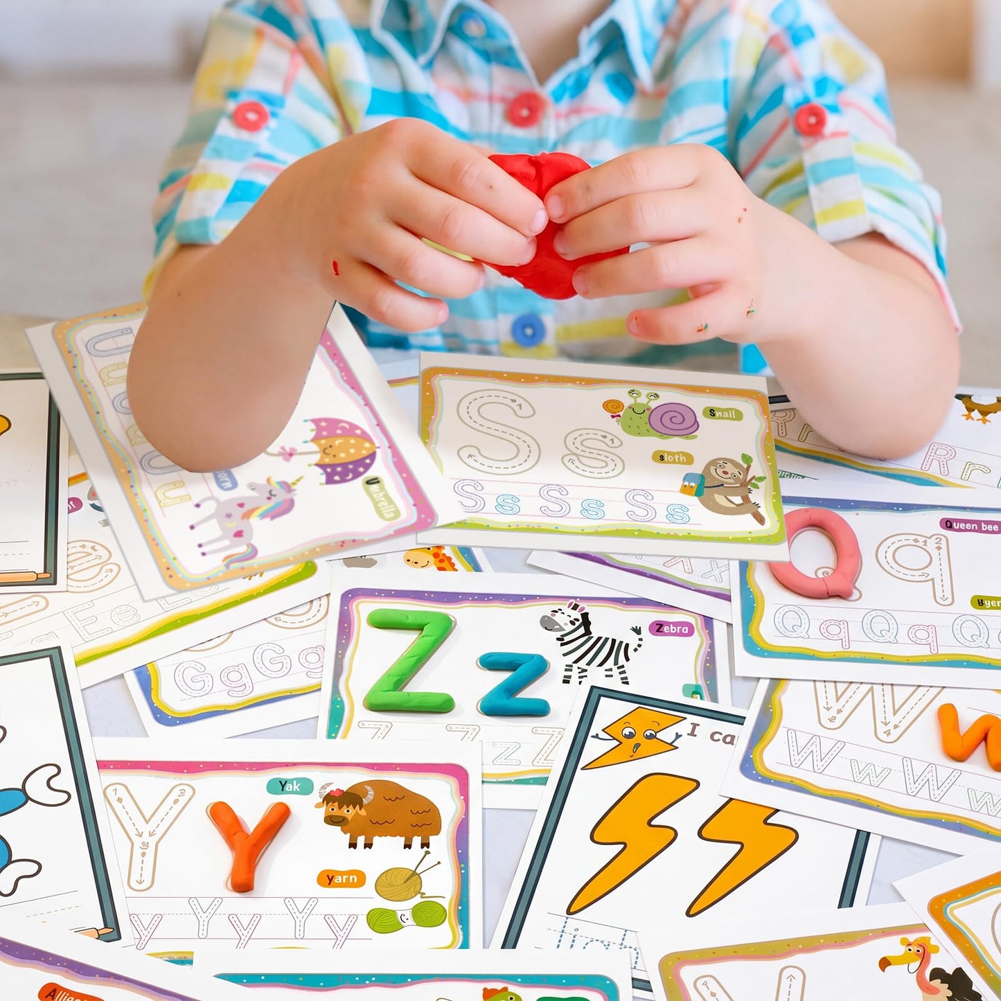 Ireer 36 Pcs Alphabet & Weather PlayClay Mats for Kids Activity Card for Clay Preschool Number Alphabet Animal Shape Learning Activity Games for Classroom Home Educational Supplies