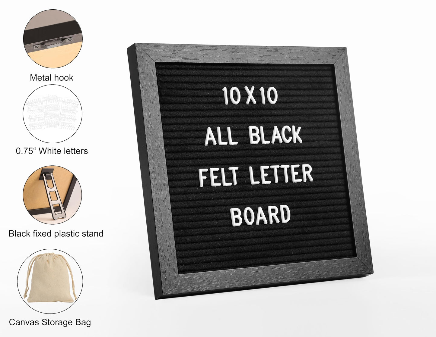 G GAMIT Black Felt Letter Board with 294 Changeable Letters&Numbers, 10”x10” Message Board Letter Sign Board in Black Frame with Stand and Canvas bag for Announcement&Notification
