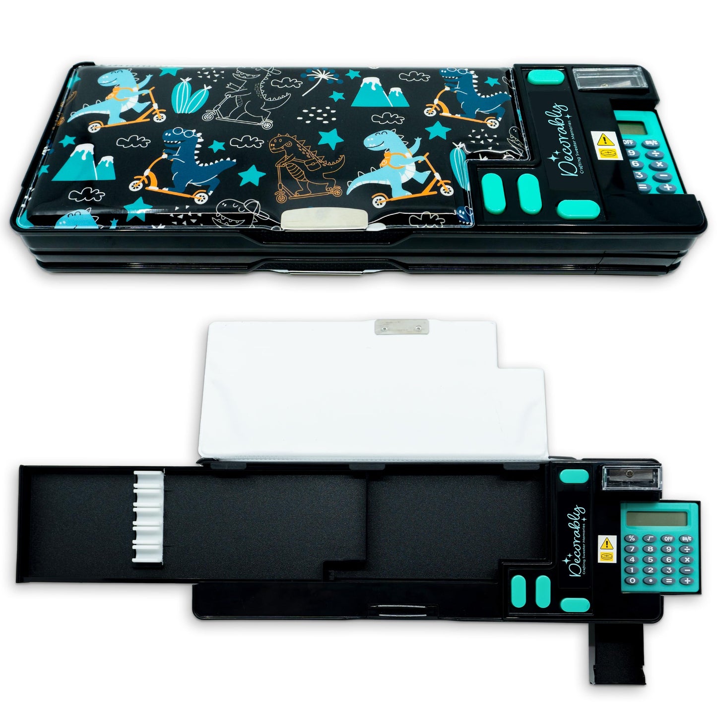 Decorably Pop Up Multifunction Dinosaur Pencil Case with Calculator for Boys, with Sharpener, Pen Slots, Mini Drawer and 2 Main Compartments with Magnetic Closure - Back to School Gift for Kids