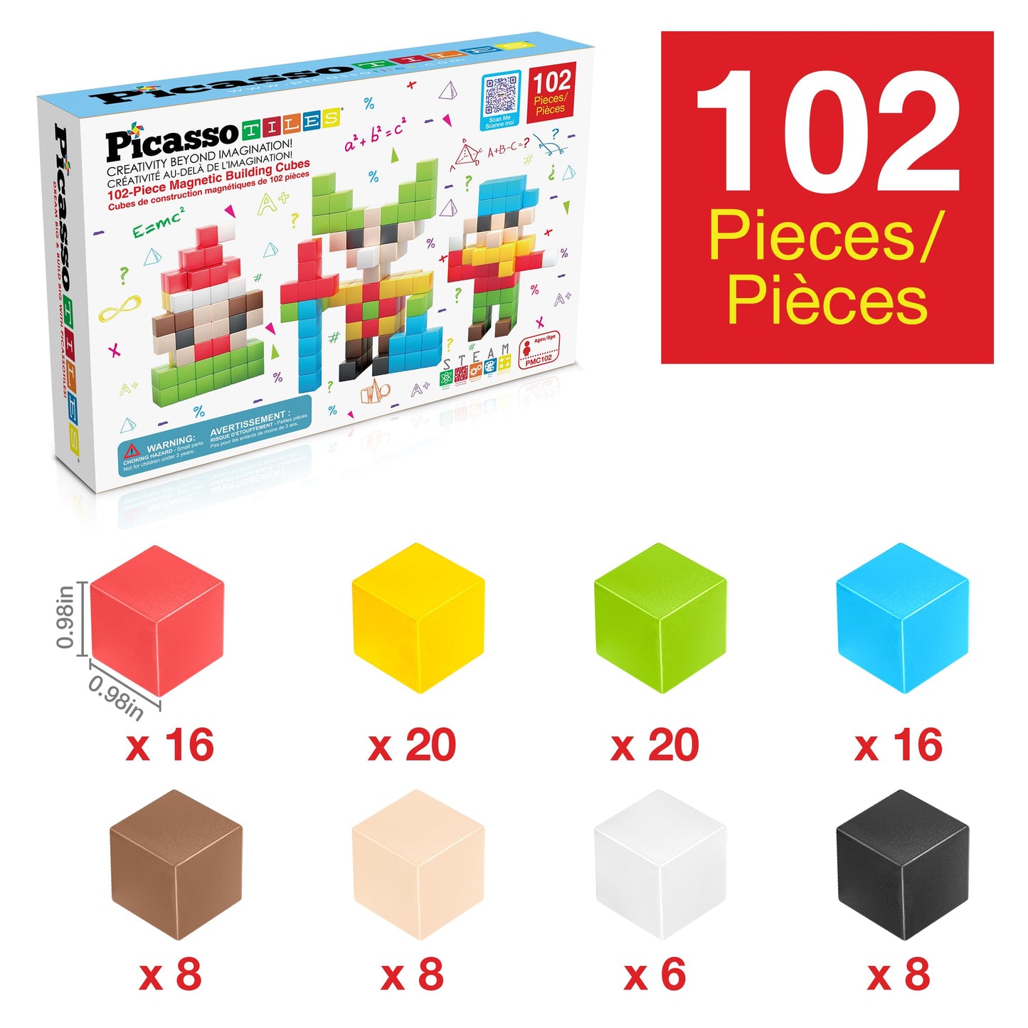 PicassoTiles 102pcs Pixel Magnetic Puzzle Cube 1” Pixel Mix & Match Toys with Ideabook STEM Education Learning Building Block Magnets Construction ToySet Stacking Creative Kit for Kids Age 3+ PMC102