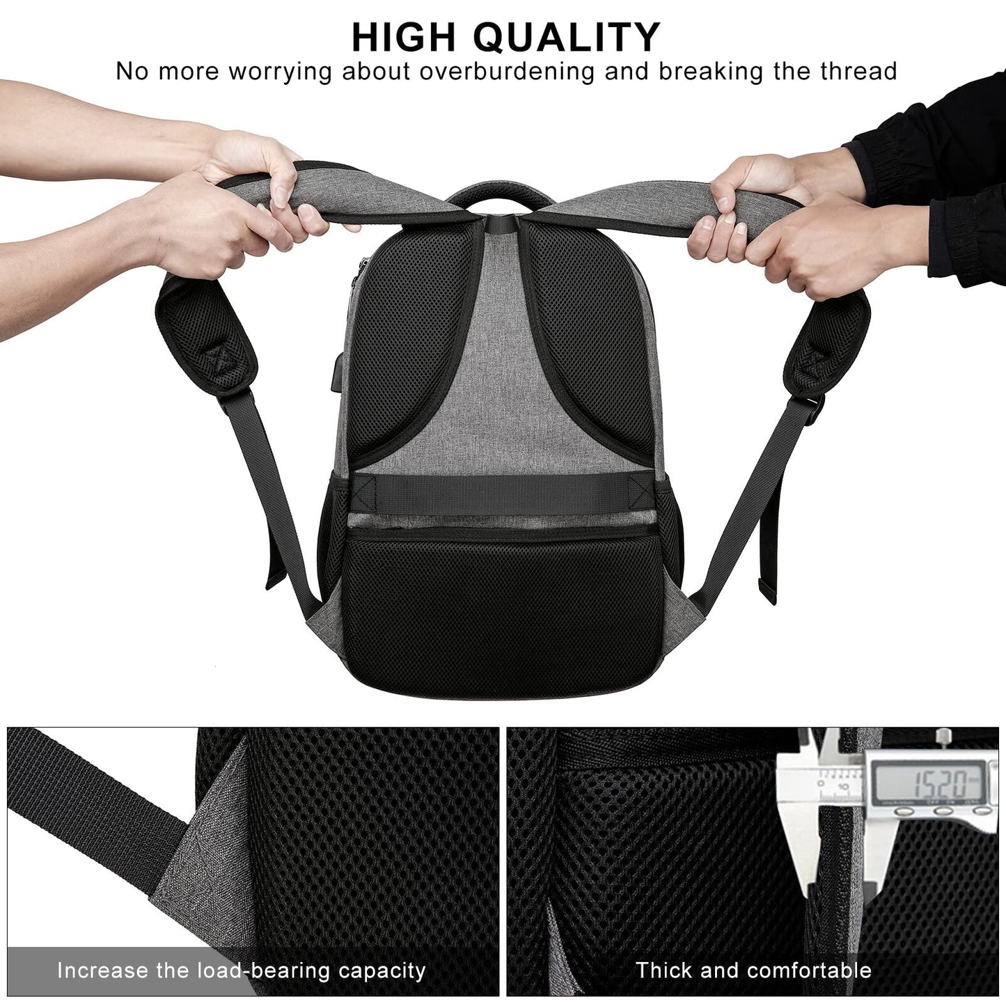 RJEU School Backpack for College Students & Teens - 15.6 Inch Laptop Backpack with USB Charging Port, Ergonomic Shoulder Straps, Water Resistant Travel Bookbag for Men, Women - Grey
