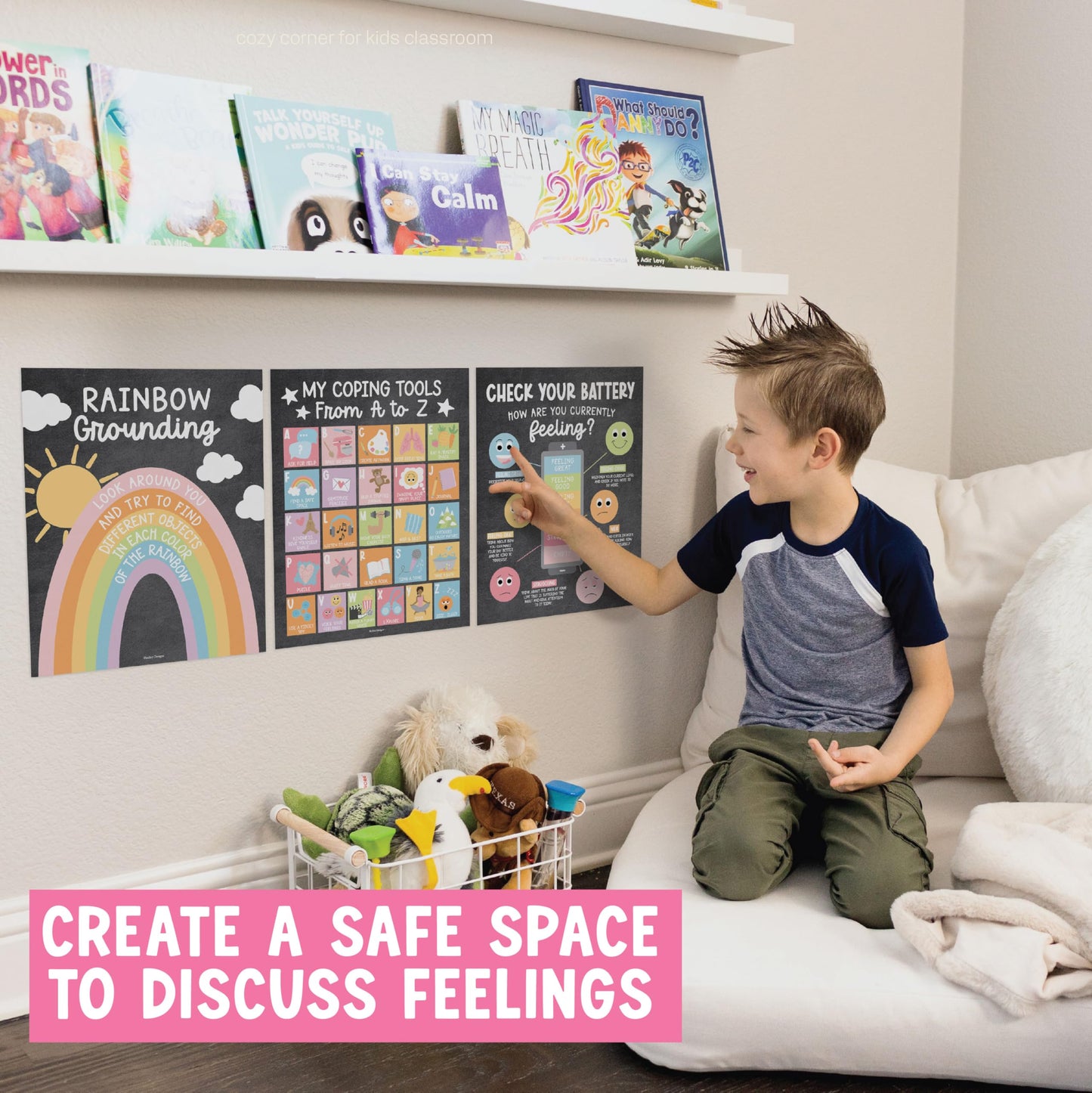 Hadley Designs 9 Calming Corner Posters for Classroom Must Haves - Calm Down Corner Supplies with Emotions Chart, School Counselor Mental Health Poster, Feelings Chart For Kids, Pastel Classroom Decor