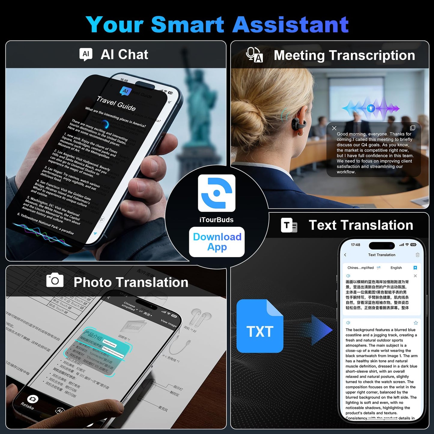 iTour Z50S Pro Max Translation Earbuds, Real Time Two-Way Translator Earbuds 127 Languages, Voice & Video Call Translator Headphones, Online & Offilne Language Translation Device for Travel & Business
