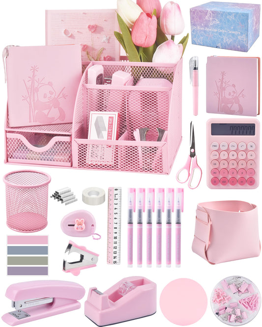 23pc Pink Desk Accessories and Organizers with Mesh Organizer Stapler Tape Dispenser Calculator and a Lot of Office Pink Office Supplies Beautifully Presented in a Gift Box