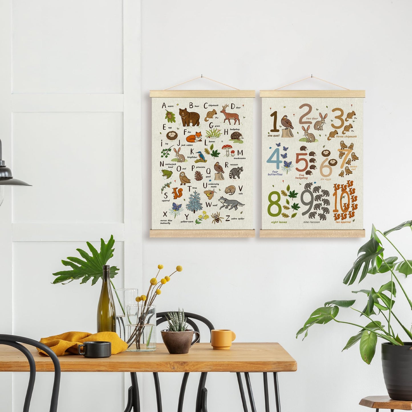 BCUANGD Alphabet Educational Wall Decor - Neutral Woodland Animals Poster Hanger with Wood Frames Set of 2, Kids ABC Numbers Wall Hanging Canvas Decor for Home Playroom Kids Room, 12x16 Inches