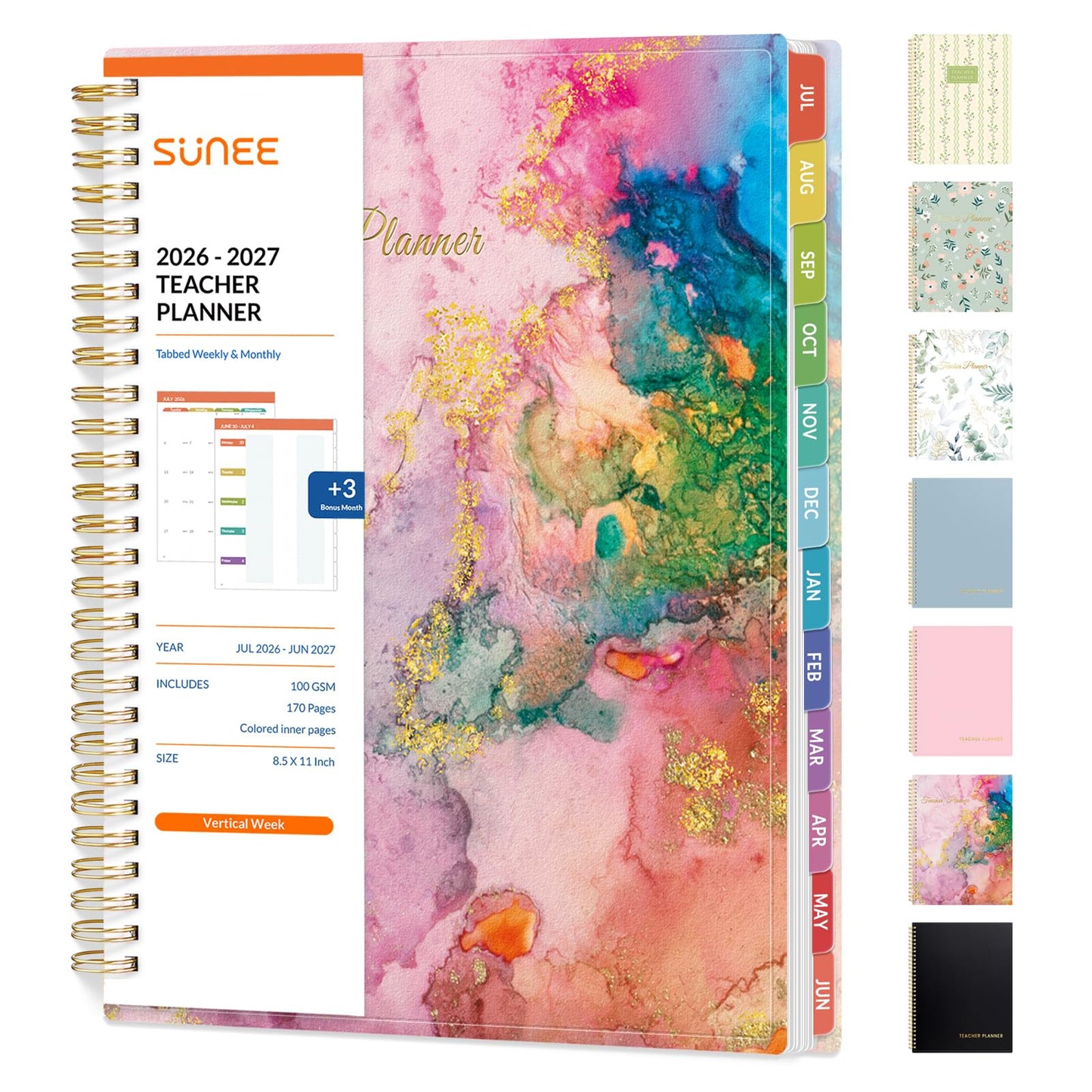 SUNEE Teacher Planner 2026-2027 Academic Year, Lite Lesson Planner Book with 7 Periods Jul 2026 - Jun 2027, 8.5"x11" Daily Weekly and Monthly Organizers, Plan Book with Pocket, Color Tabs, Pink Marble