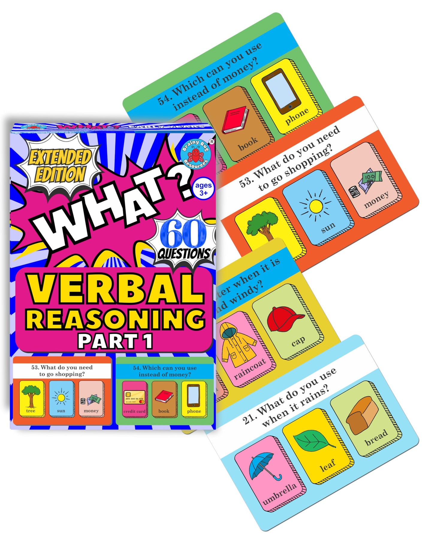 Brainy Bug Verbal Reasoning Flashcards | English Question & Answer Cards | 60 Questions | Two Levels of Difficulty | ESL | Special Needs | Home Schooling