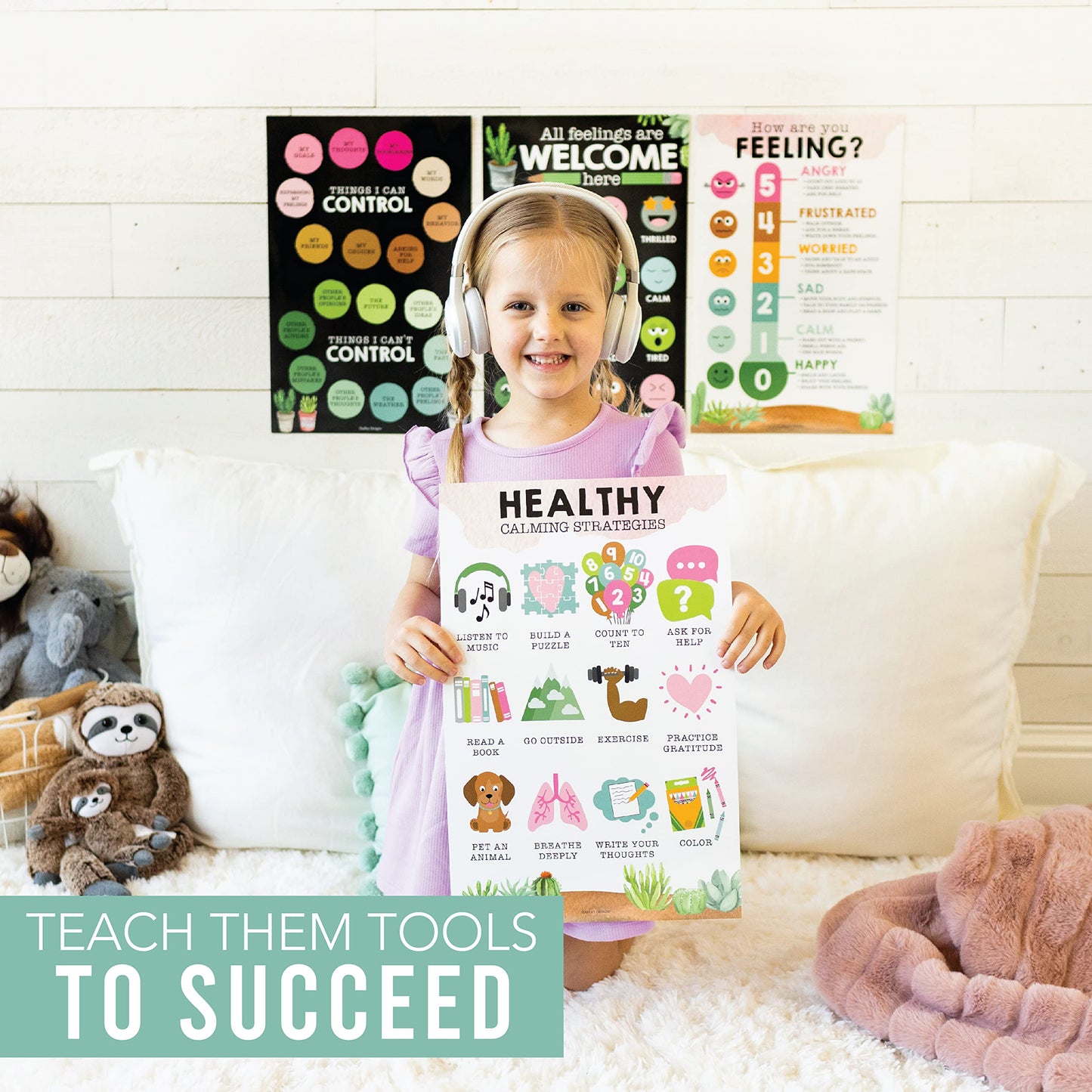Hadley Designs Feelings Chart for Classroom Must Haves - Emotions Chart for Toddler Calm Down Corner Supplies, Feelings Wheel, Mental Health & Social Emotional Learning Posters, Cactus Classroom Decor