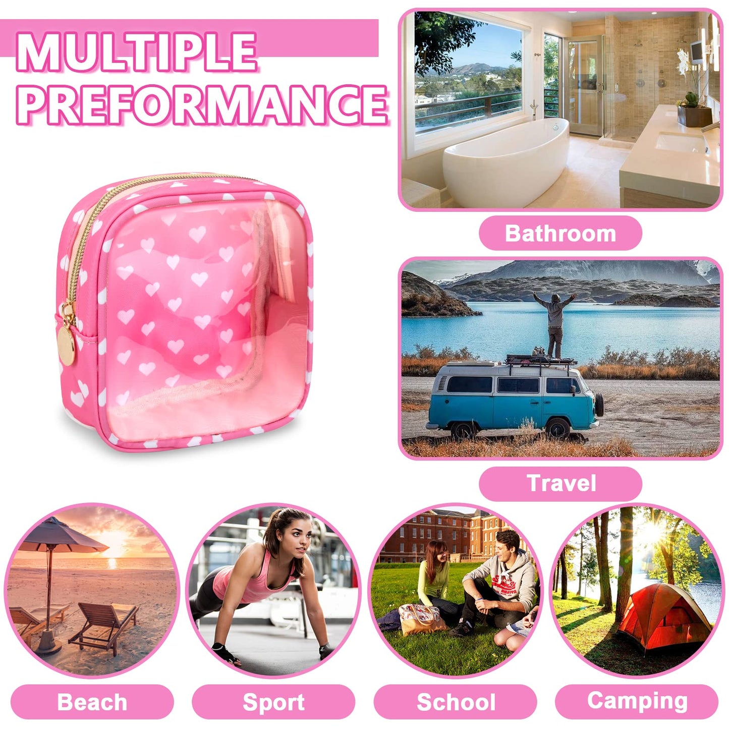 UIXIZQ Clear Mini Makeup Bag for Purse, Small Nylon&PVC Cosmetic Travel Bag TSA Approved Toiletry Bag with Zipper, Preppy Transparent Makeup Travel Bag Coin Purse for Women Men Girls(Mini-Pink Heart)